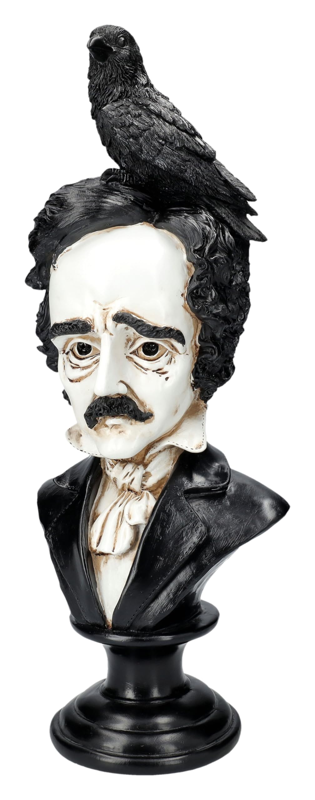 Edgar Allan Poe - Busto con cuervo (40 cm, piedra artificial, pintado a mano), color blanco y negro