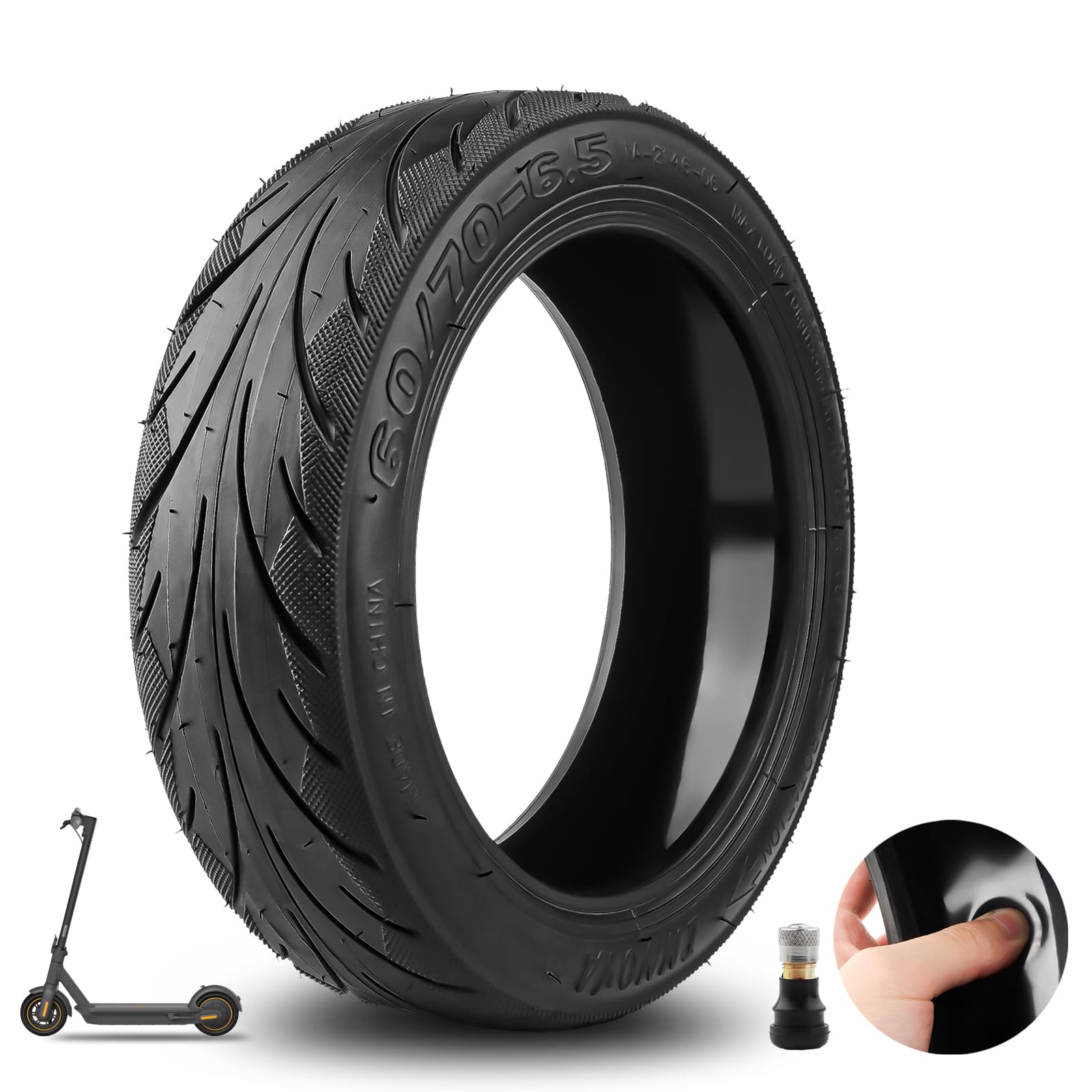 60/70-6.5 Ruedas de Caucho Autorreparables para Ninebot Max G30 Patinete Eléctrico, Neumático de Vacío con Válvula, 10 Pulgadas Tubeless Rueda con Resistente al Desgaste y Antiperforación