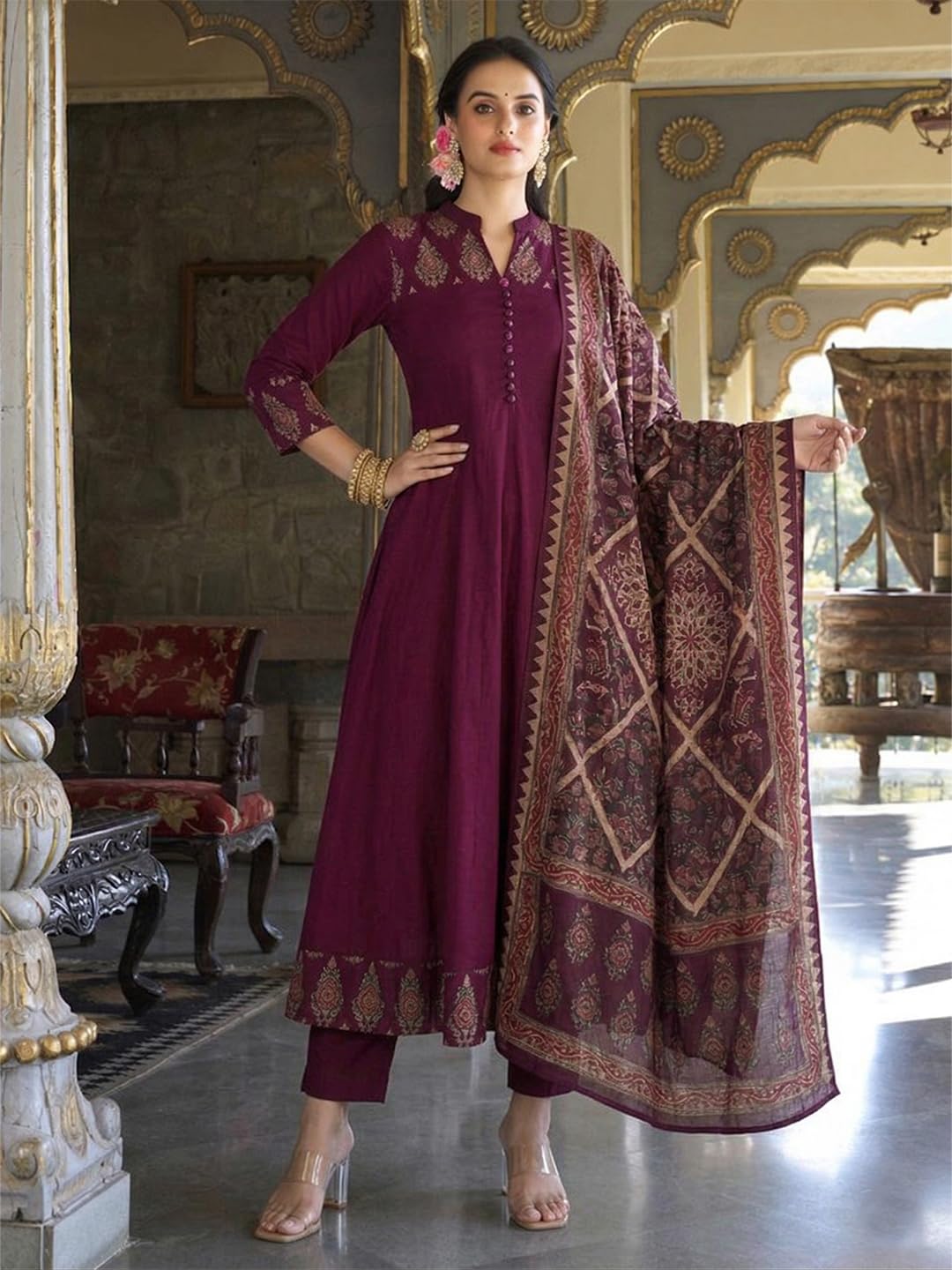 ANNI Designer Ensemble kurta pour femme avec imprimé en viscose | Ensemble kurti pour femme | Anarkali Kurta Pantalon Dupatta 3 pièces | Col en V, manches 3/4, coupe régulière, vêtements ethniques