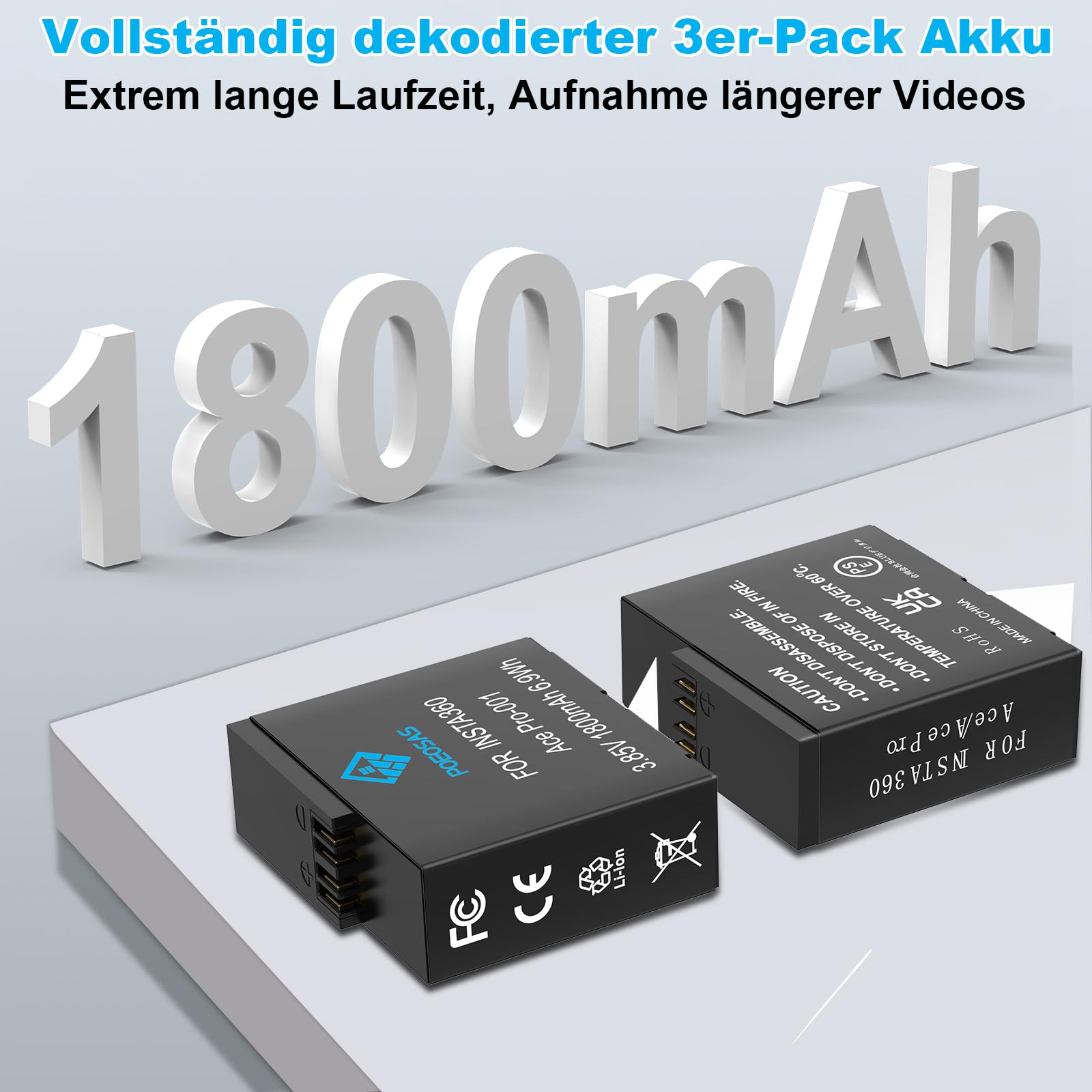 360 Ace Pro Ersatz Akku, 2 Pack 1800mAh Akkus mit 3-Slot LCD Ladegerät Kit Kompatibel mit insta360 Ace Pro/Ace Pro 2 Kamera, Akku Schutzhülle*2 für insta360 Acepro Kamera