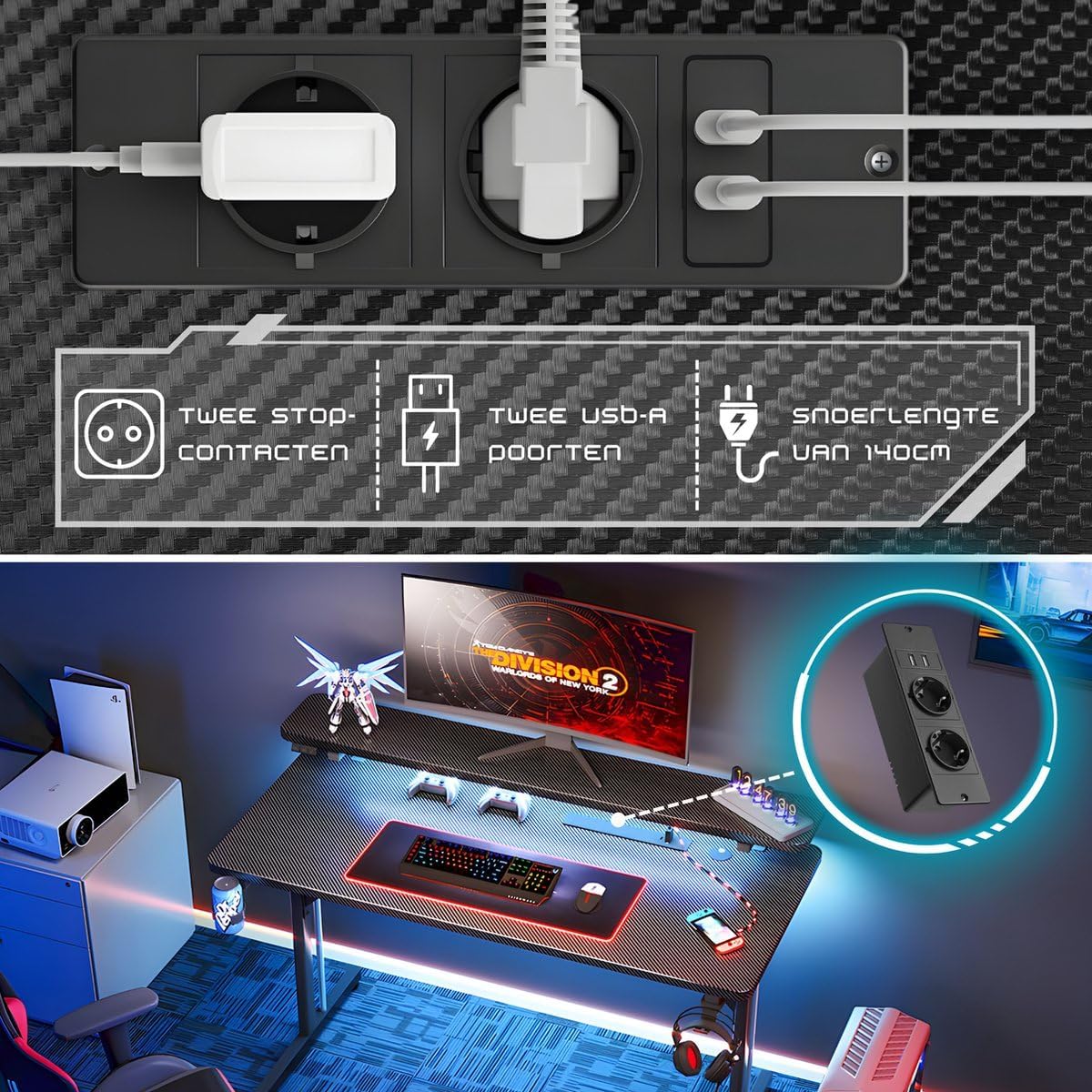 Primer pla view of integrated accessories including headphone holder, cup holder, cable organizer, and power strip