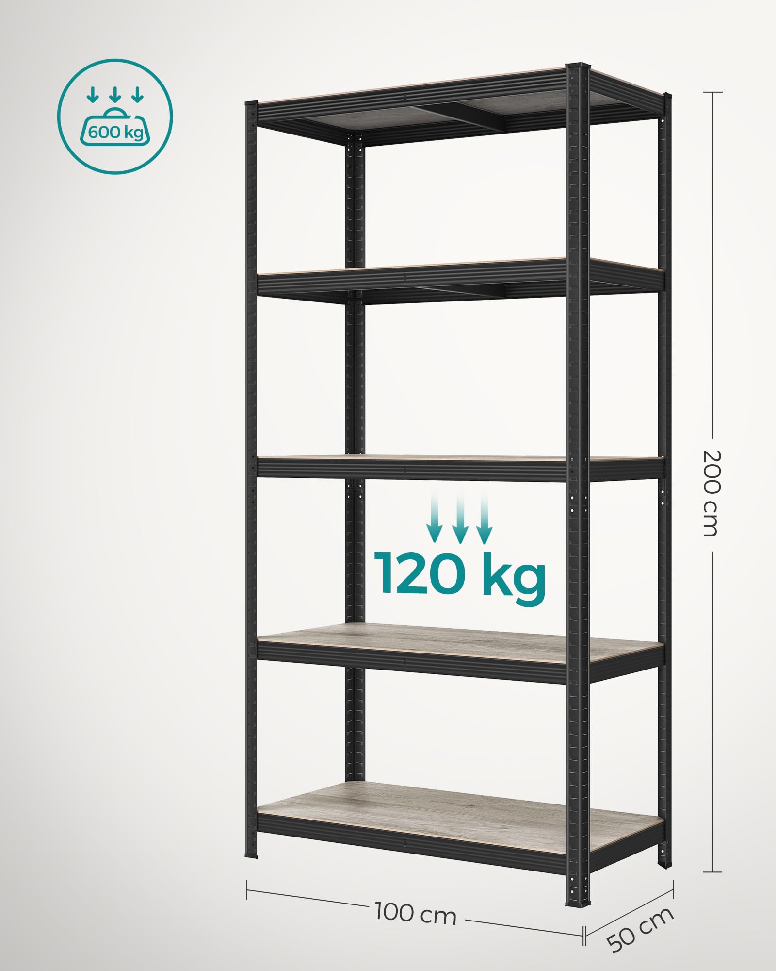 SONGMICS Półka wolnostojąca, zestaw 2 szt., półka na książki, półka do przechowywania, 5 półek, regulowana, 50 x 100 x 200 cm, każda o ładowności do 600 kg, do kuchni, salonu, szaro-czarny GLR050B22