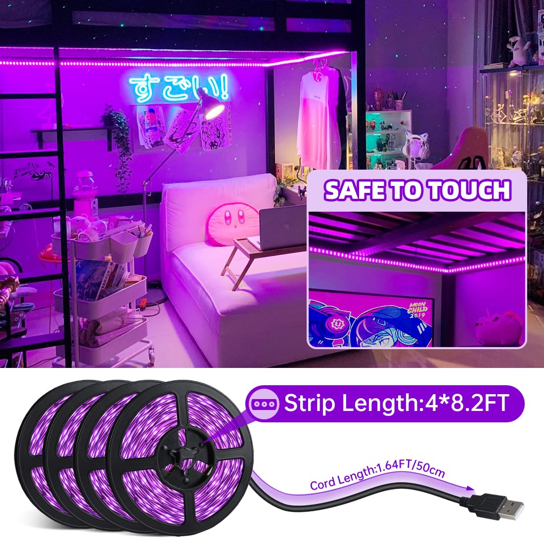 33FT USB Black Lights LED Strip, Battery Operated Black Light Tapestry Light, 300LEDs Blacklight for Bedroom Glassroom, Halloween, Glow Neon Party, Birthday, Fluorescent Poster Painting,4 Pack