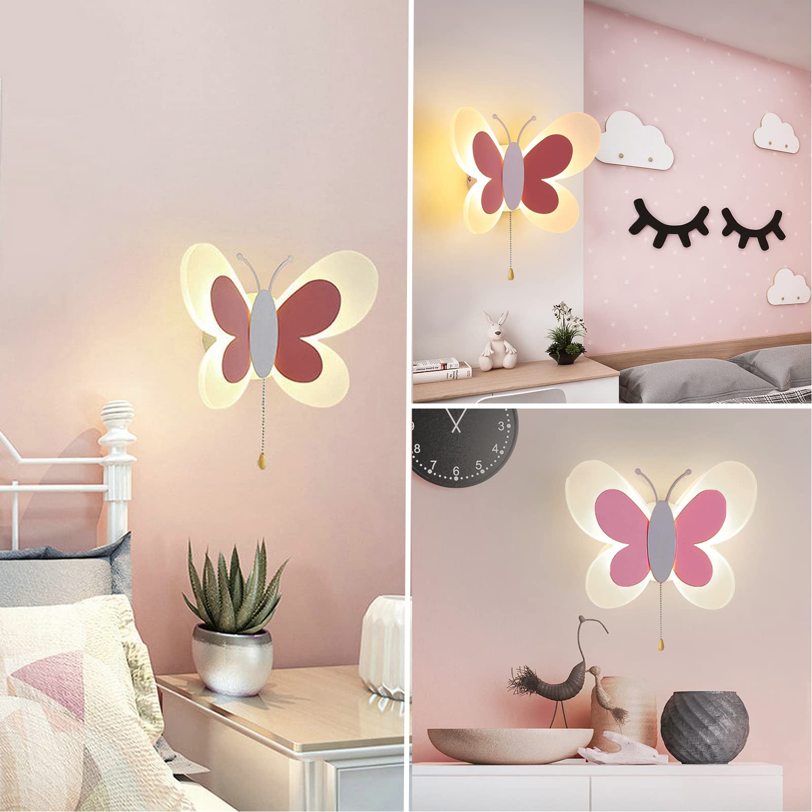 Wandlampe Kinderzimmer Mädchen mit Schalter, LED Wandleuchte Dimmbar Schmetterling Lampe Deko Innen Kinder Schlafzimmer 16W Wand Raumlampe Babyzimmer Nachtlicht, Rosa Weiß