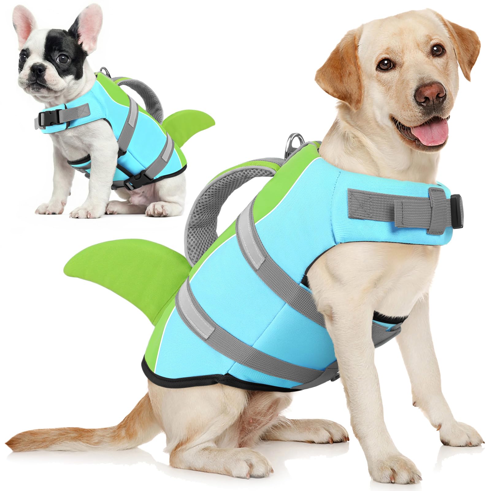 AOFITEE Giubbotto Salvagente per Cani, Giubbotto di Salvataggio per Cani con Pinna di Squalo, Salvagente Cane, Bastone Salvagente Regolabile con Robusta Impugnatura di Soccorso