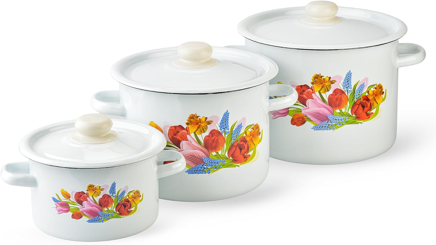 Enamel Pot with Lid Set of 3 pcs 2.1 Qt, 4.8 Qt, 5.8 Qt Enamel Cooking Pot with Enamel Lid, Soup Pots, Enameled Steel Stockpot, Enamel Casserole Set, Induction Safe, Dishwasher Safe (Spring Bouquet)
