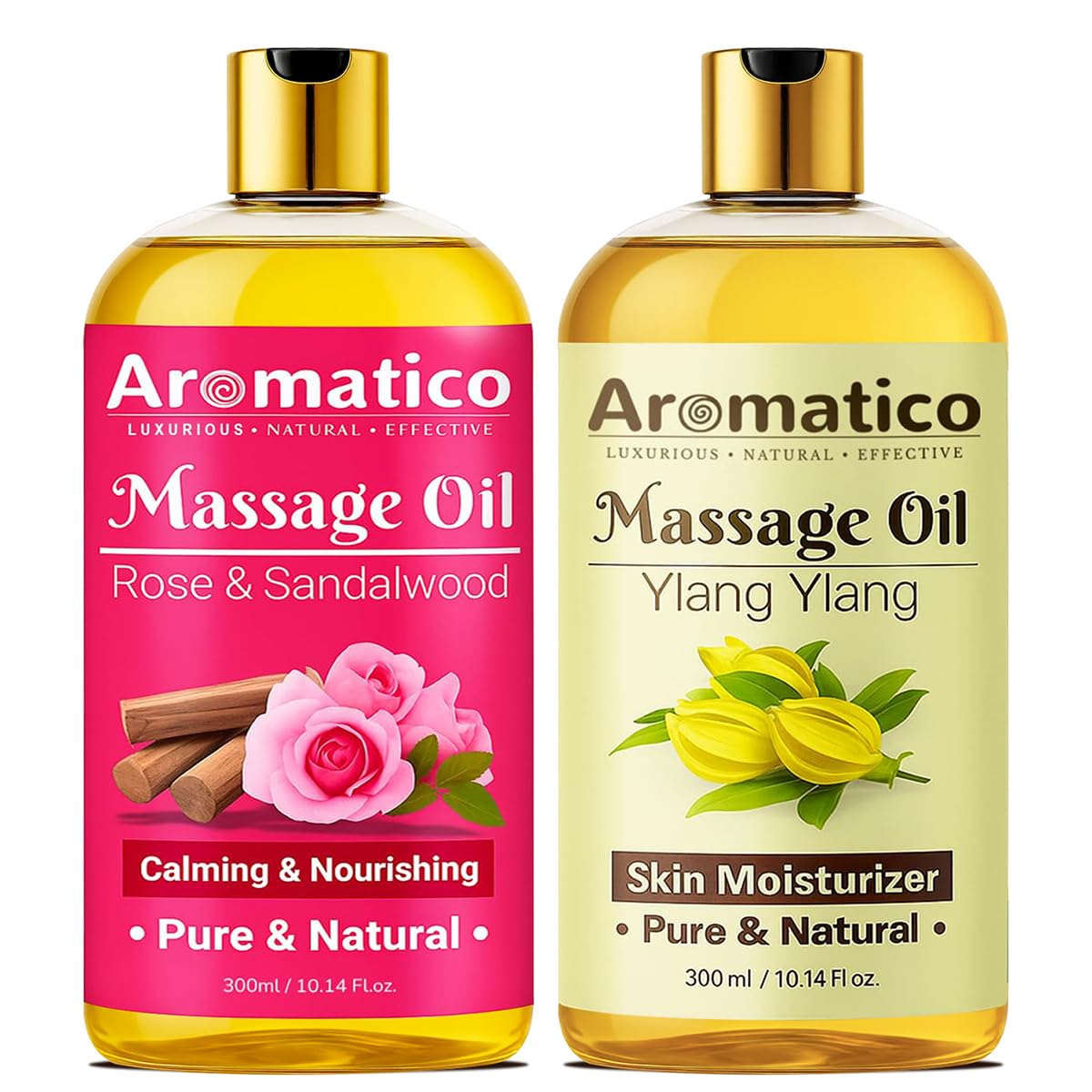 AROMATICO Rose Sandalwood & Ylang-Ylang Massage Oils Pack of 2. For Mood Upliftment, Muscle Relaxation & Skin Nourishment, 100% Natural, Non-Sticky - 300ml.