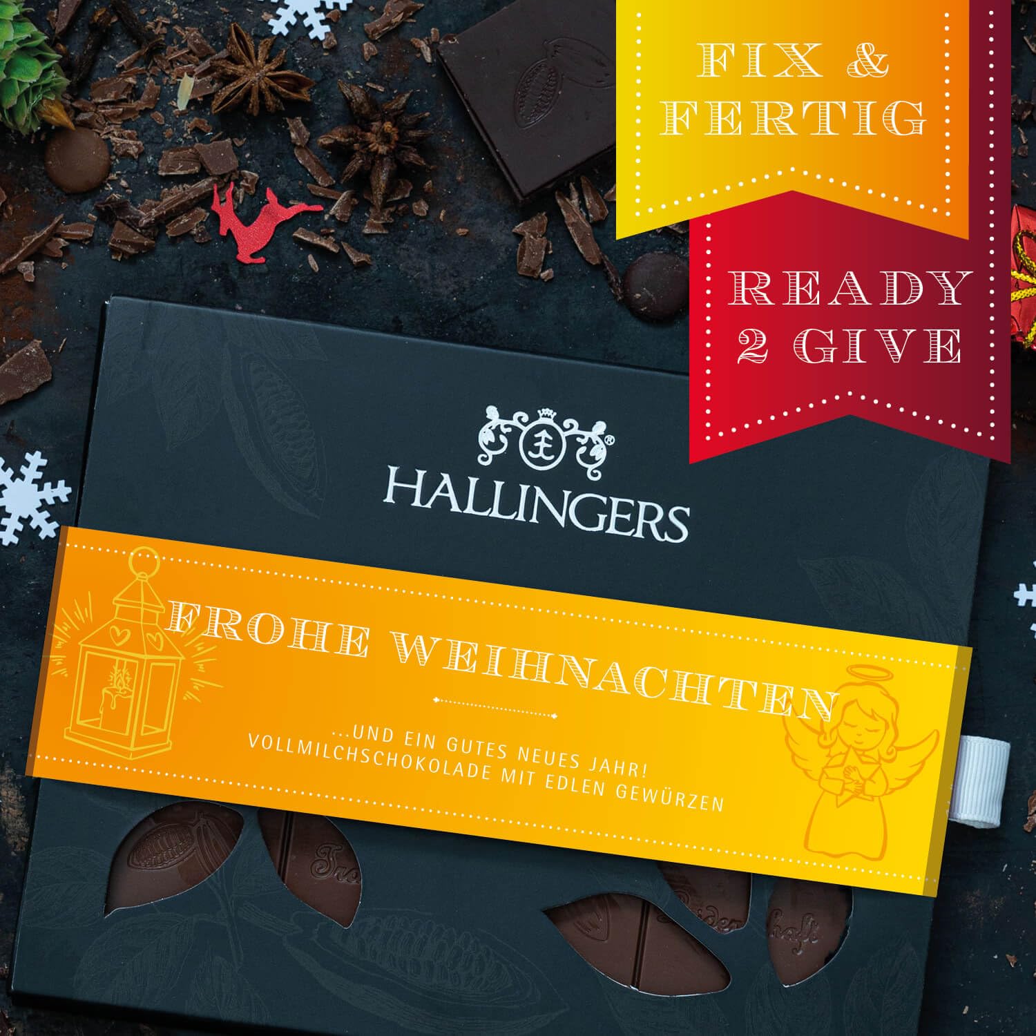 Hallingers Genuss Manufaktur Schokolade Weihnachts-Geschenk - Tafel Edelkakao handgeschöpft ohne Alkohol edler Karton 10x "Frohe Weihnachten" Xmas-Gewürze, Weihnachten für Frauen Männer