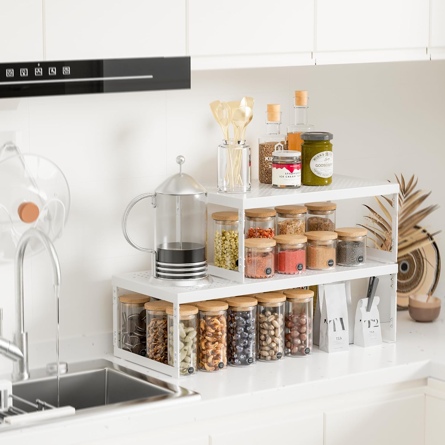 Stackable Expandable Metal Shelf Organizer, Adjustable Storage Rack, Heavy Duty Space Saver for Kitchen, Pantry, Bathroom, Countertop & Office(1Pack/Large/White)