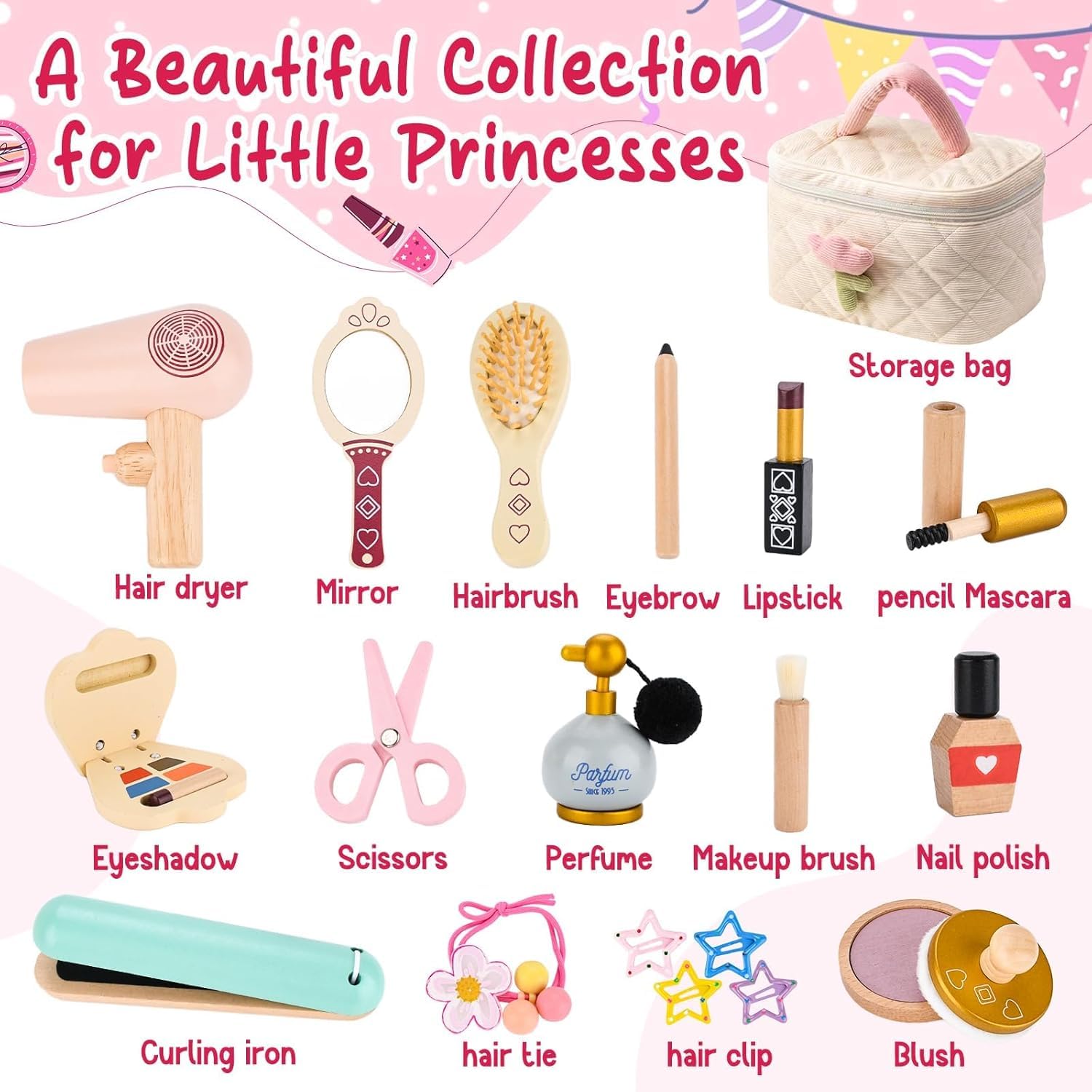 Set Trucchi Bambina in Legno Finti, Set di Trucchi e Parrucchiere in Legno con Rossetto Profumo Giocattoli per Bambini Ragazza 3 4 5 6 7 8 Anni