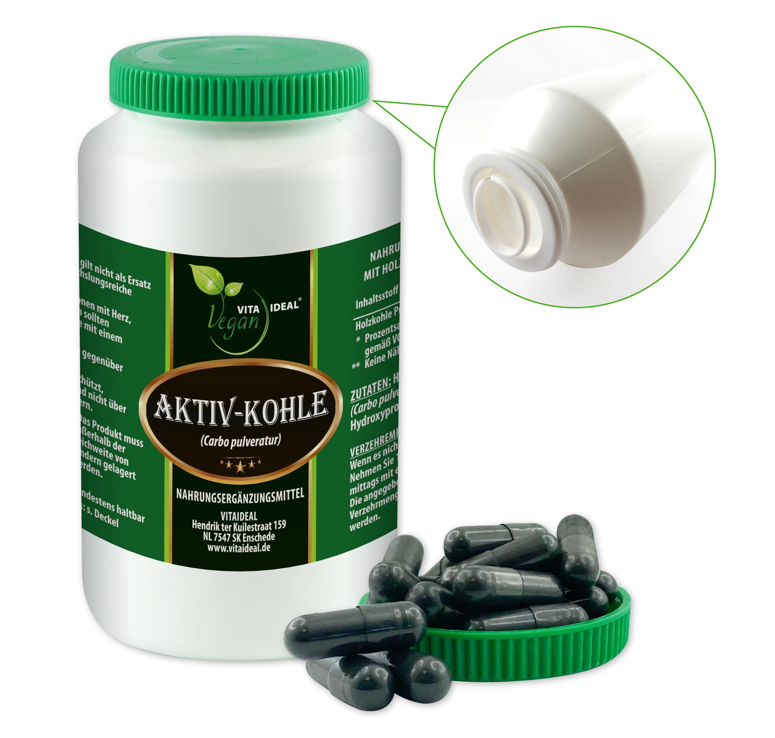 Vegan® AKTIV - KOHLE 4x 360 KAPSELN - Carbon, Carbo Ligni pulveratur - pflanzliche AKTIVKOHLE - Tagesportion 640mg Pflanzenkohle reines Pulver. Natürlich, pflanzlich & ohne Zusatzstoffe.