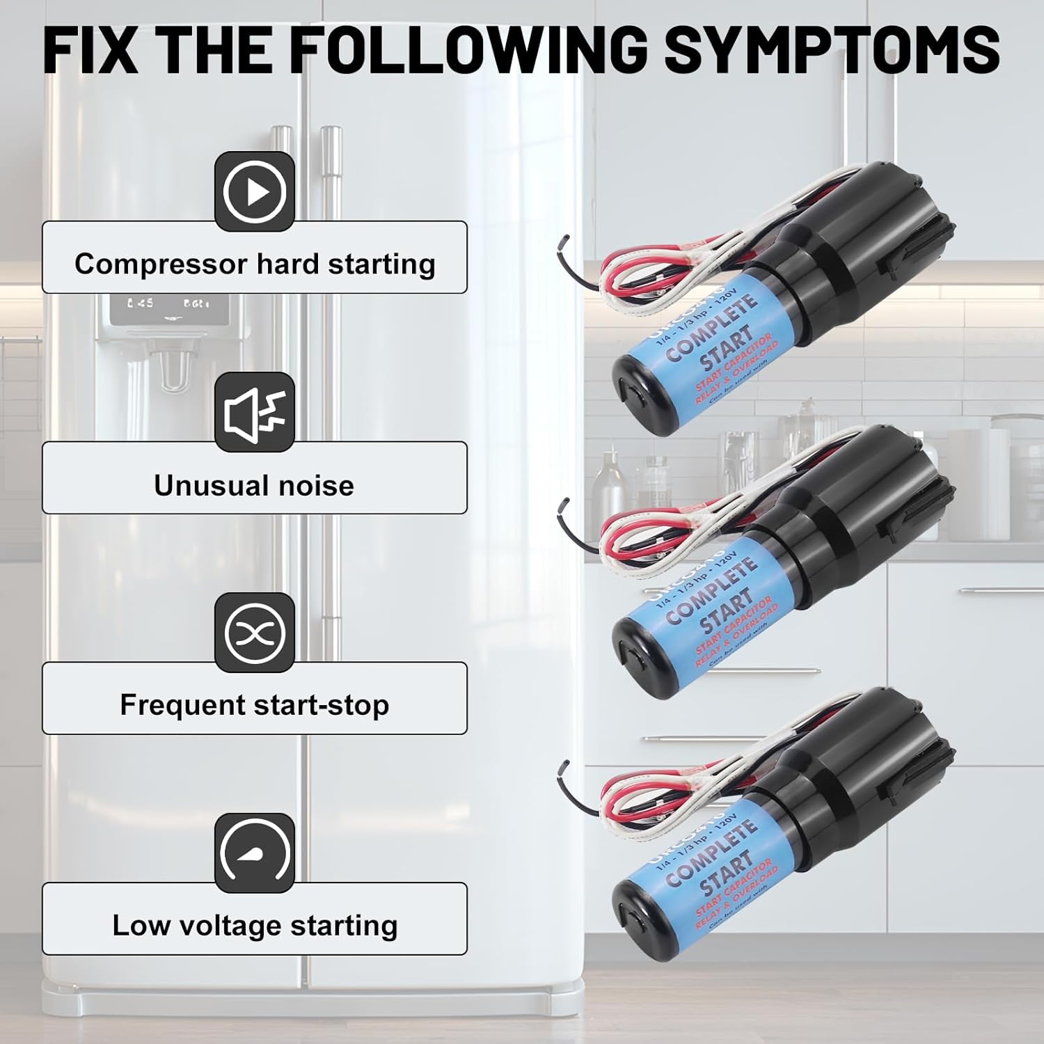 URCO410 3 in 1 Hard Start Kit Compatible with Refrigerators and Freezers 115VAC Compressor Hard Start Capacitor for 1/4 to 1/3 Start Relay (3 Pack)