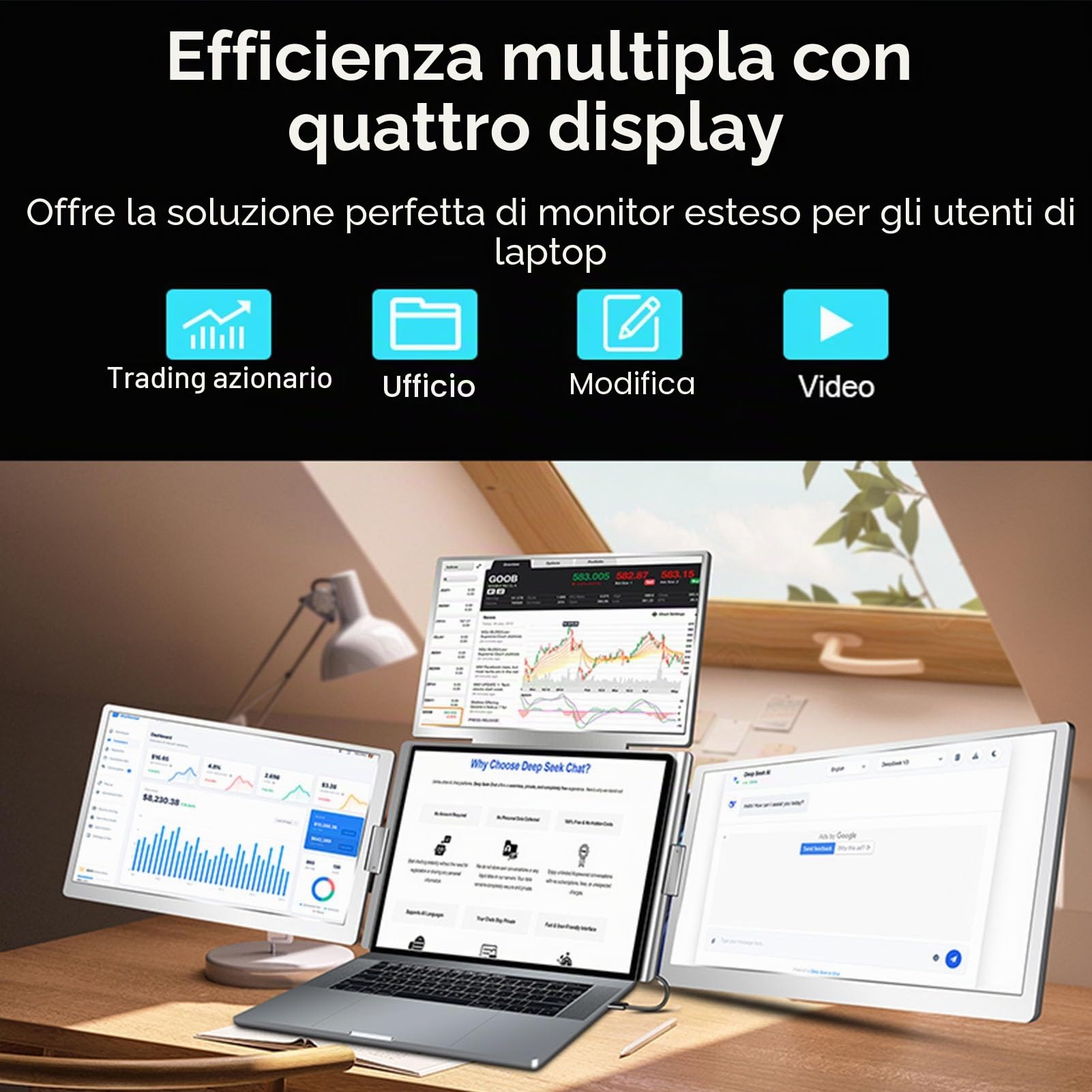 Schermo Esteso per Laptop, Triplo Laptop Monitor Estender, Schermi Portatili da 15,6 Pollici, con Supporto Regolabile, Monitor Quad Che Piega per (Spina Europea)