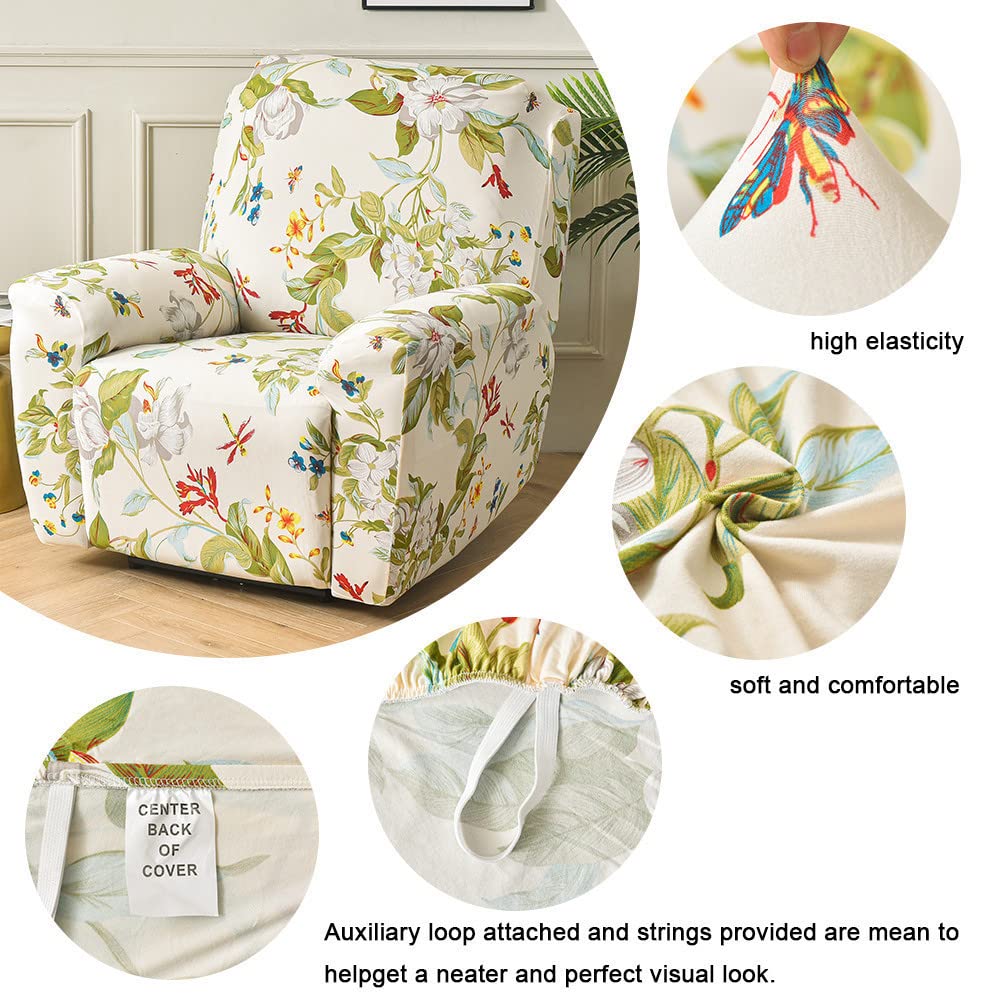 FANSU Copripoltrona Relax Reclinabile Elettrica Universale, Fiori Classici retrò 1 Posto Copripoltrona Reclinabile Elasticizzato Coprisedile con Tasche, Fodere per Poltrona Relax (Fiore Cachi