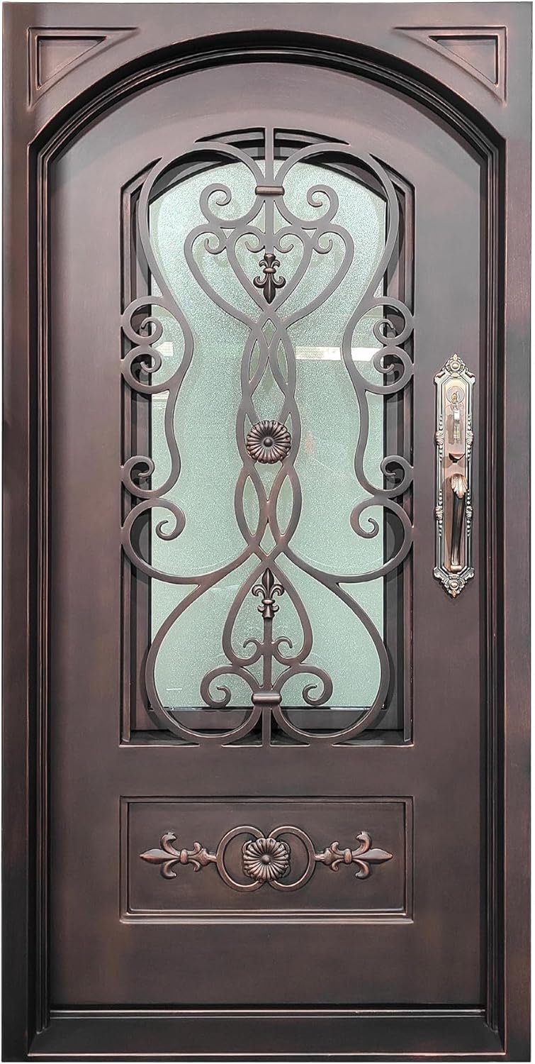 CHETTO C Entry Door Single Exterior Doors Wrought Iron Prehung with Double Glass Rust Red 36" W x 80" H