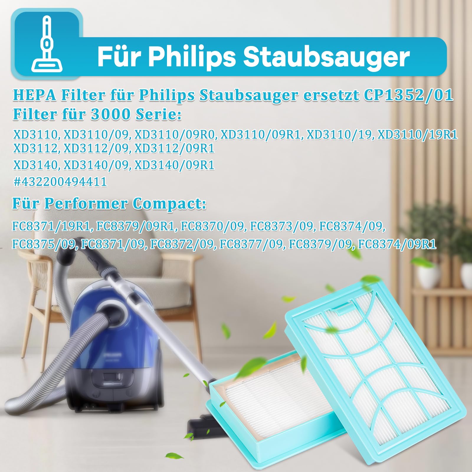 3 filtri HEPA XD3110/09 CP1352 per Philips Series 3000 Performer Compact Aspirapolvere XD3110, XD3112, XD3140