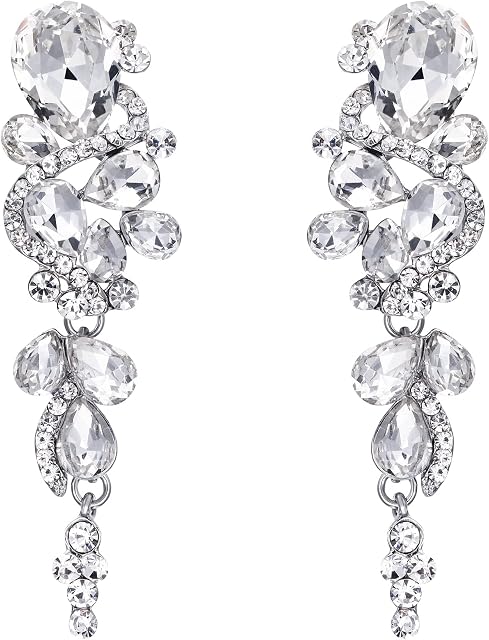 Clearine Bohemian Teardrop Cluster Crystal Diamante Clip-On Long Drop Dangle Chandelier Earrings, Statement Earrings for Costume, Wedding Bridal Jewellery for Brides