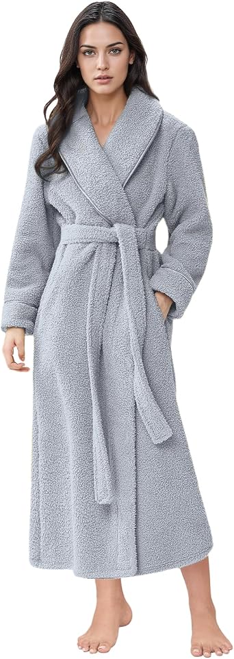 Hellomamma Womens Long Robe Soft Warm Fleece Plush Bathrobe Ladies Sleepwear Pajamas Housecoat Nightgown
