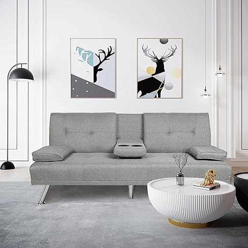 FANYE Sofá biplaza futón, sofá cama convertible para espacio pequeño, apartamento, oficina, sala de estar, juegos de muebles de sofá cama, lino gris