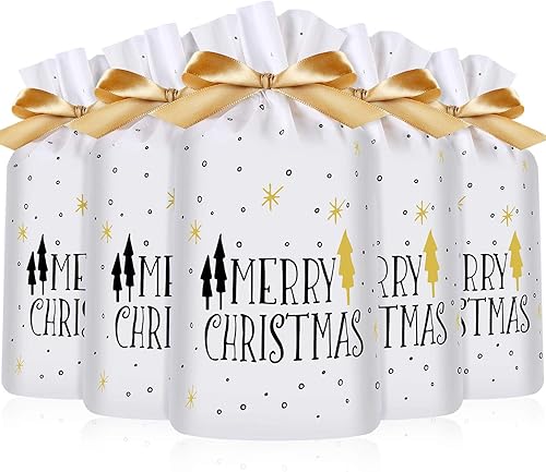 Frienda - Paquete de 30 bolsas de regalo de Navidad con estampado de árbol de Navidad, bolsa de dulces con cordón para galletas y caramelos, bolsa