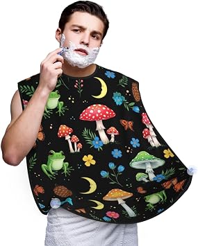 Beard Bib Apron for Men Shaving, Waterproof Non-Stick Hair Catcher with Suction Cups, Grooming Essential for Dad Husband, Moon Frogs Trippy Mushroom Leaves Shave Bib