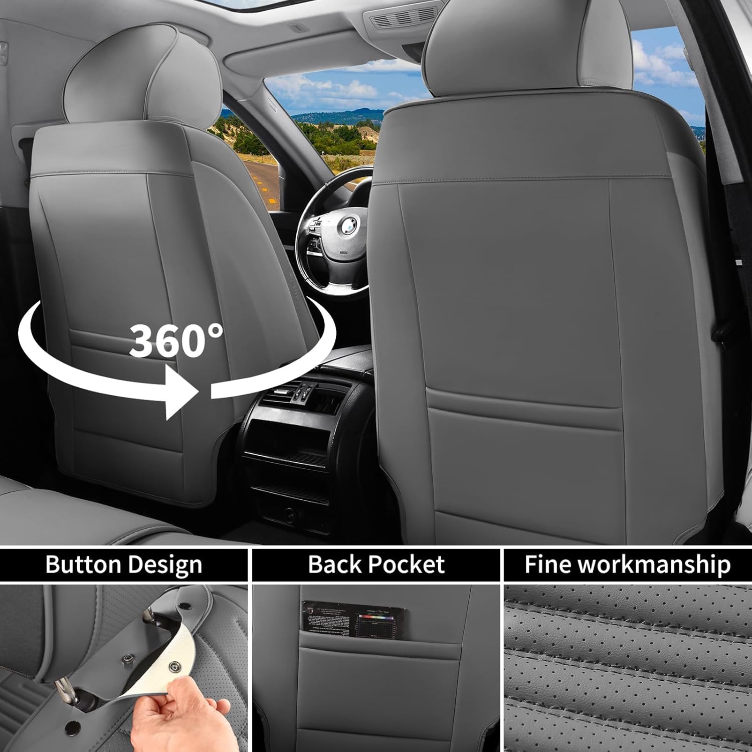 Car Seat Covers Full Set, Universal Fit Faux Leather Cushion Protector, Waterproof Non-Slip Automotive Interior Accessories for Sedans, SUVs, Trucks (Charcoal Gray, Full Set(5 Seats))