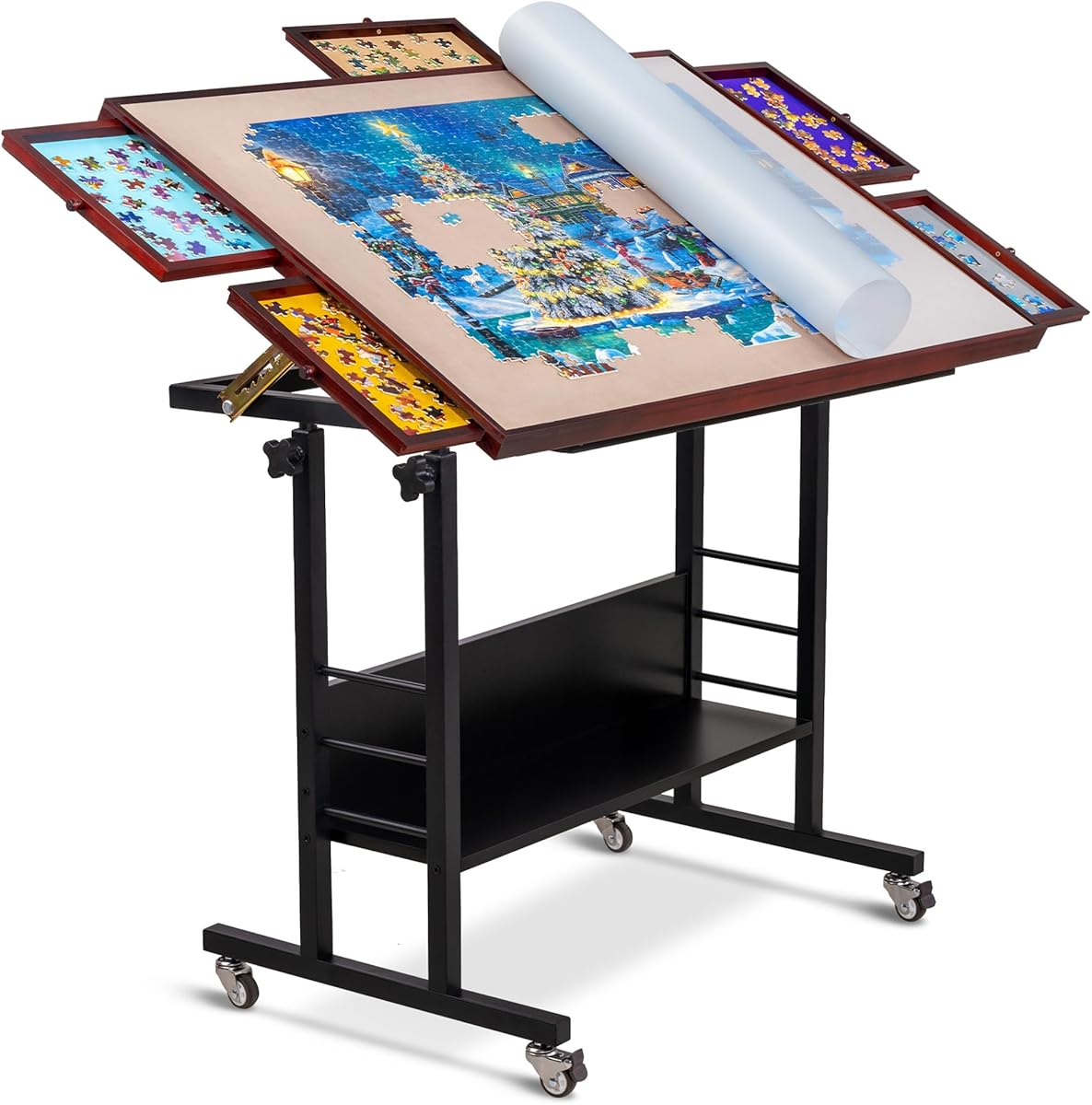 Becko US 1500 Piece Tilting Puzzle Table with 5 Drawers & Cover, Adjustable Puzzle Board with 5 Tilt Angle & Height Adjustment, Portable Jigsaw Tables for Adults, Easy to Move, for 1500 Piece Puzzles