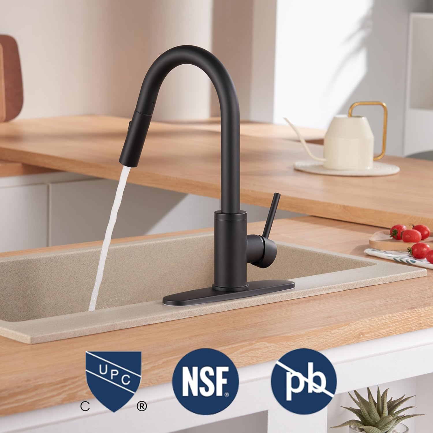 KPW Kitchen Faucet with Pull-Down Sprayer, Matte Black, High-Arc Single Handle, Stainless Steel, Fits 1 or 3 Hole Sink