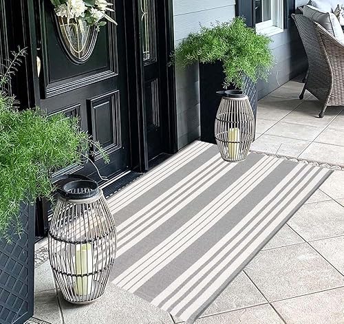 Miniatura 4 de BUAGETUP Tapete en capas gris y blanco, 27.5 x 43.3 pulgadas, a rayas, para exteriores, de algodón, tejido a mano, para interiores y exteriores,