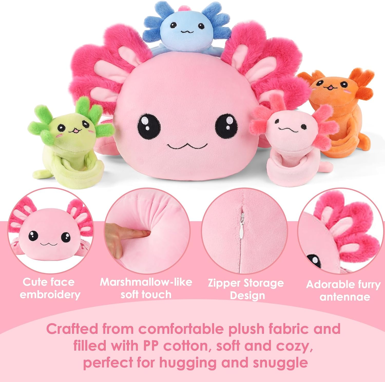 5 Pcs Axolotl Plush Toys for Girls Boys, 18.5" Mommy Axolotl Stuffed Animal with 4 Baby Axolotls Inside, Pink Stuffed Axolotl Salamander Plushies Pillow Toys Gift for Kids Christmas Birthday