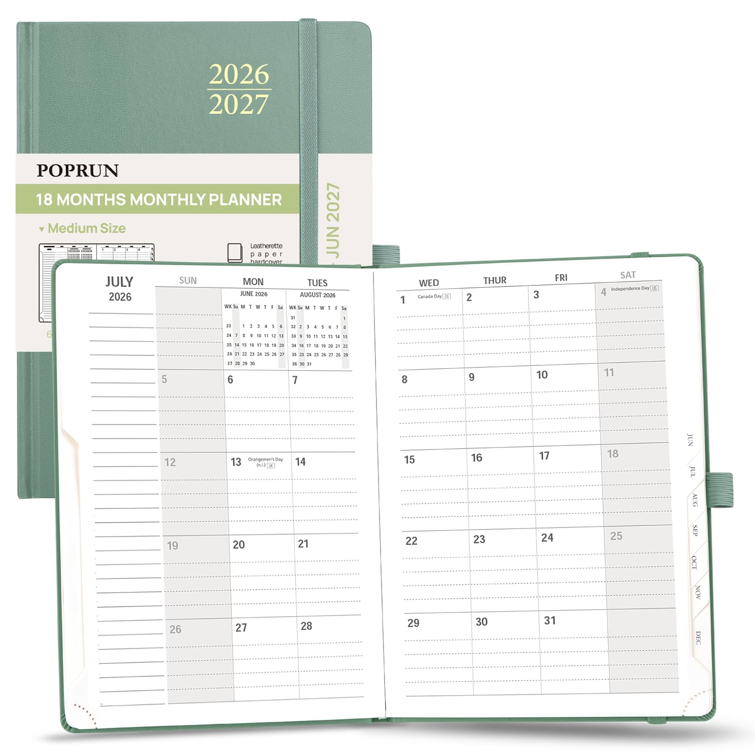 POPRUN Monthly Planner 2026-2027 (Medium-6.25'' x 8.5''), 18-Month Calendar Book (Jan.26 - Jun.27) Calendar Agenda with Monthly Tabs, Inner Pocket, Hardcover, 100GSM Paper - Midnight Green
