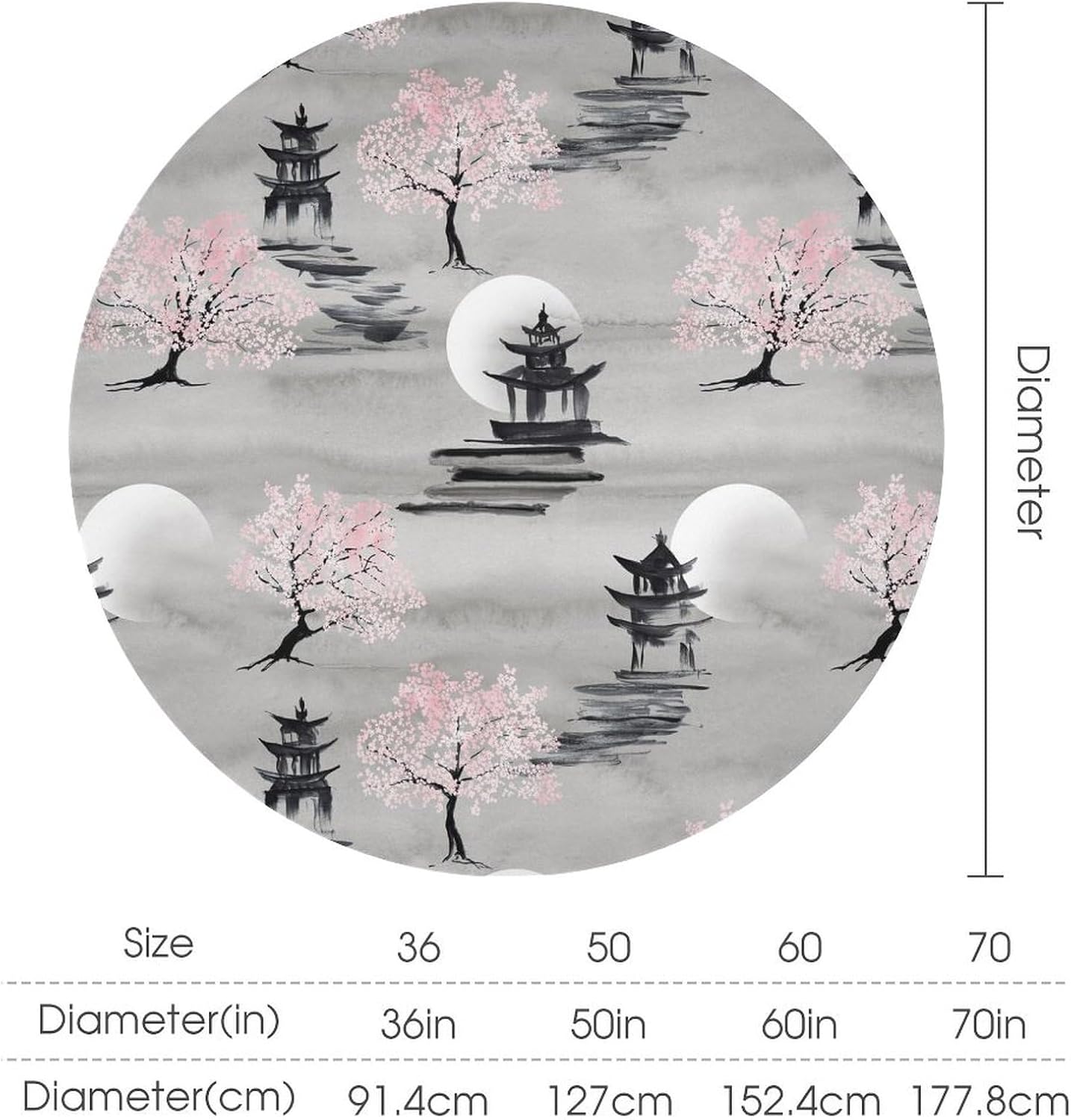 Cherry Blossom Tablecloth, Oriental Asian Retro Pink Flowers Trees Full Moon Scenery Table Cover for Kitchen Dining Table Wedding Party Decor, 50x50in