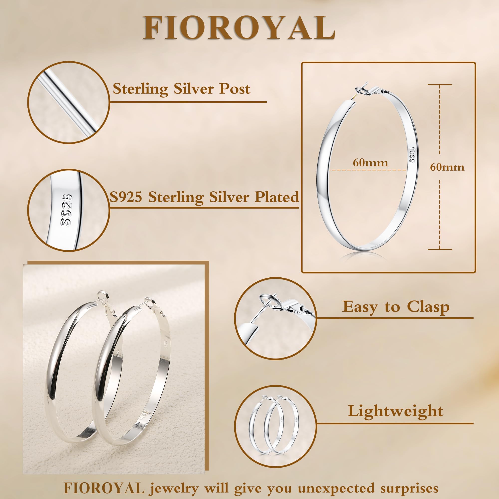 FIOROYAL Kolczyki kreolskie ze srebra próby 925 dla kobiet, pozłacane 14-karatowym złotem, hipoalergiczne, szerokość 5 mm, dla dziewcząt, 30/40/50/60 mm