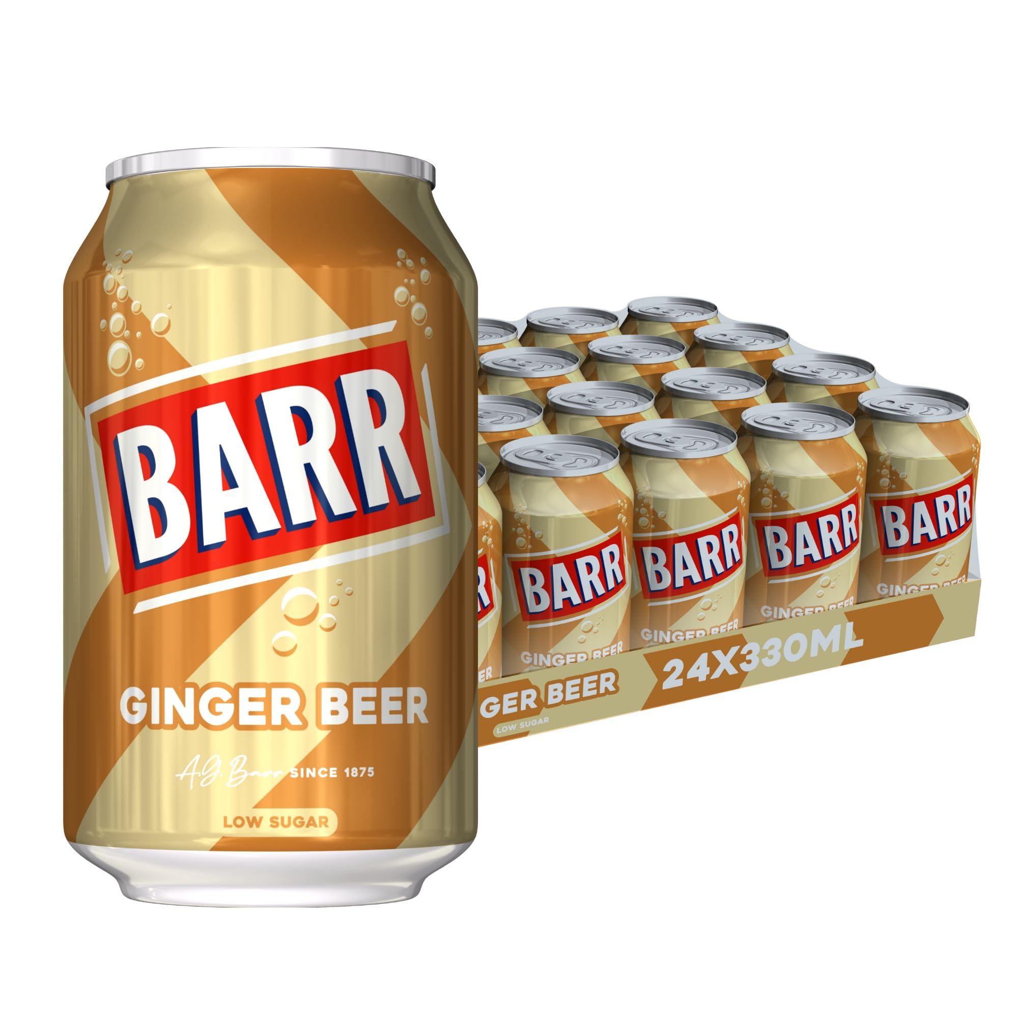 BARR 24 Pack Classic Ginger Beer, Low Sugar & Non-Alcoholic Fizzy Drink, Sparkling Fizzy Pop, 24 x 330ml Cans