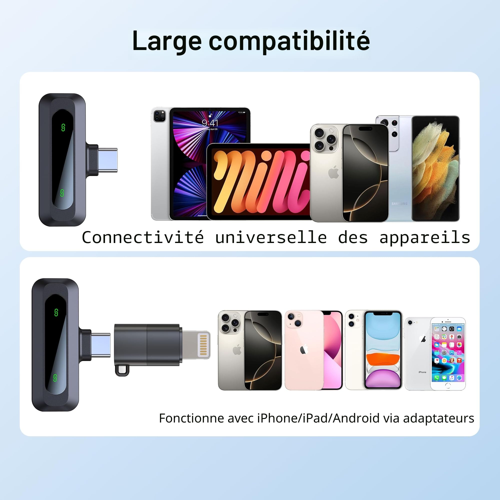 Microphone cravate sans fil pour iPhone et prise USB-C, mini micro sans fil avec réduction du bruit, écran LED et clip rotatif – Idéal pour Vlog, TikTok et création de contenu