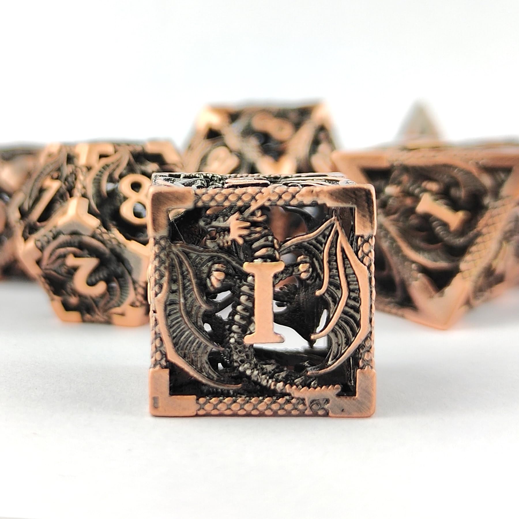Hollow Dragon Metal Dice,Unique Dungeons and Dragons Polyhedral Dice Set for D&D TRPG,MTG,Pathfinder,Table Board Roll Playing Games D4 D6 D8 D10 D% D12 D20 (Copper) — image 1
