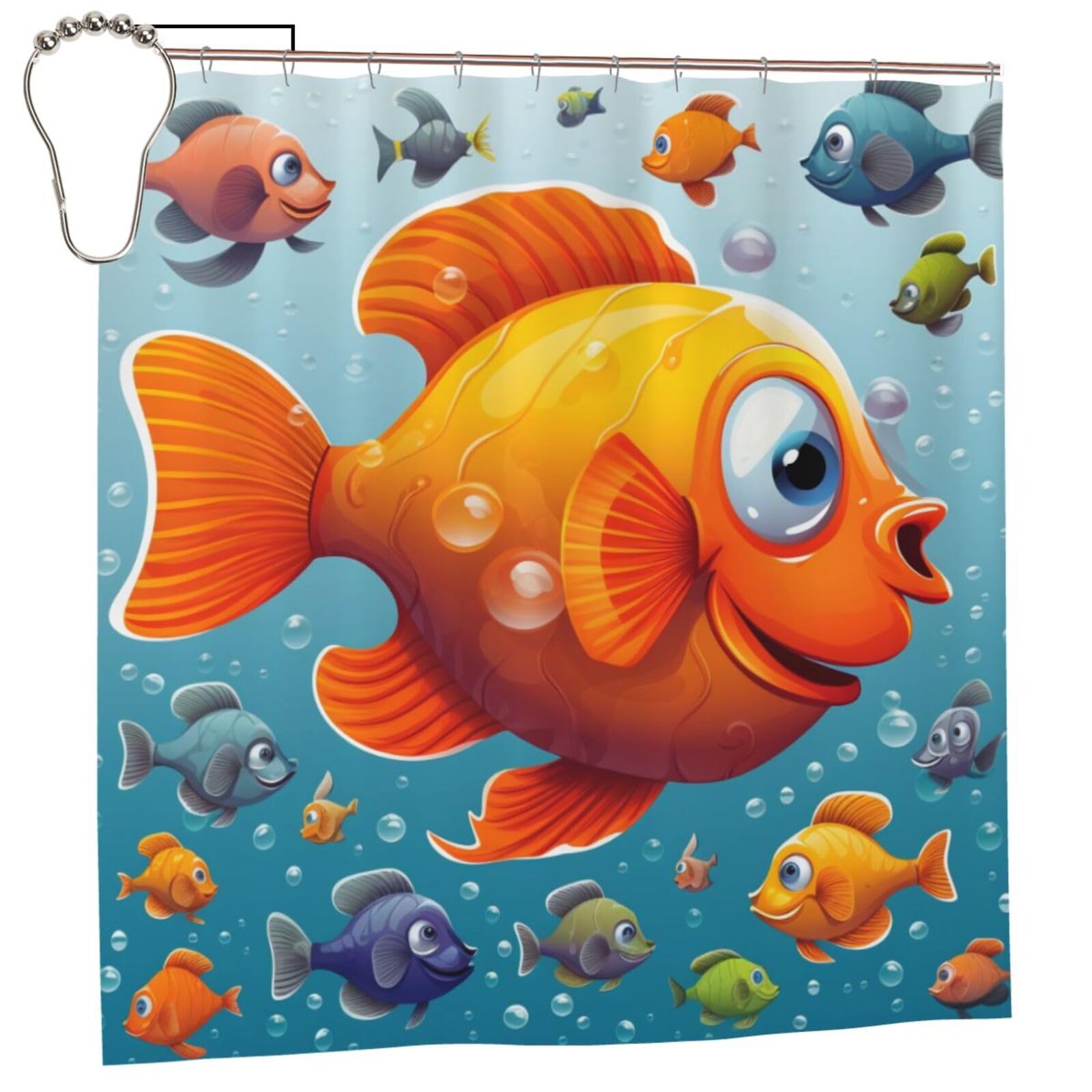 BWWHCCTI Cartoon Fish Printed Shower Curtain With 12 Iron Hooks Opaque Quick Drying Waterproof Shower Curtains Sets For Bathroom 183x183 CM