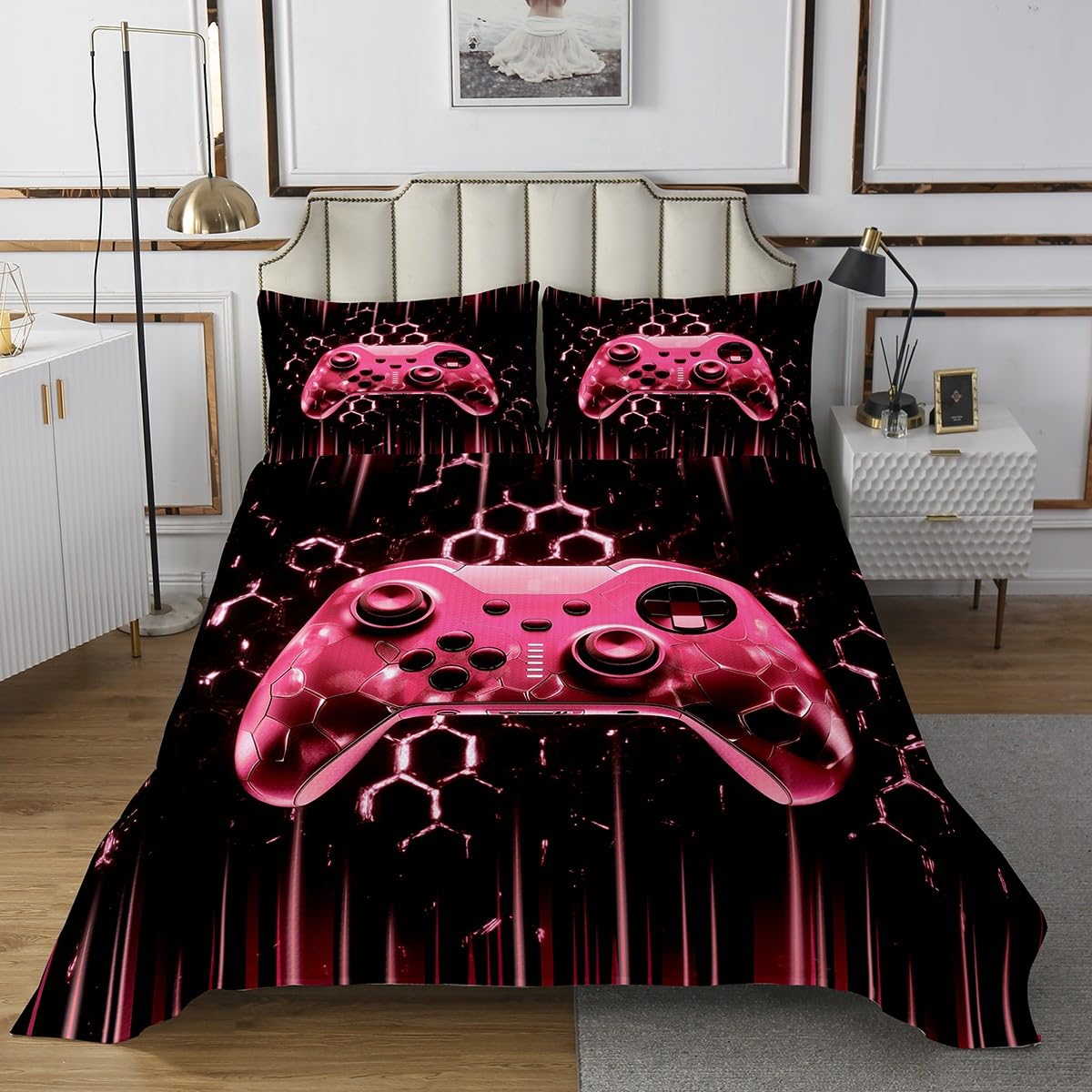 Castle Fairy Geometric Gamepad Bedspread Twin Size Bedding for Kids Teens Bedroom Modern Gamer Decor Coverlet Set Pink Honeycomb Gaming Quilt Set for All Season,2 Pcs with 1 Pillowcase