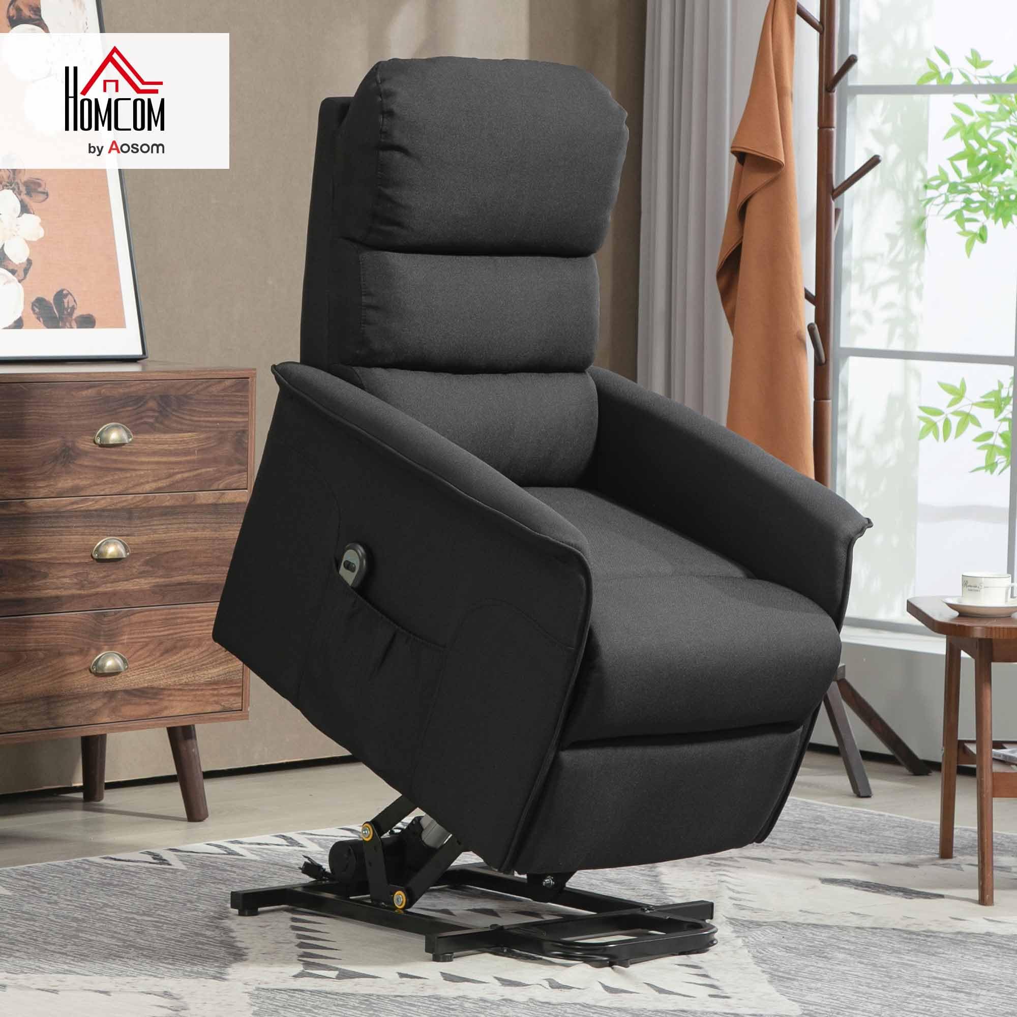 HOMCOM Sillón Relax Reclinable Eléctrico Levanta Personas, Sillón Elevador con Control Remoto, Reposapiés, Tapizado en Lino, Bolsillo Lateral, para Salón, Dormitorio, Negro