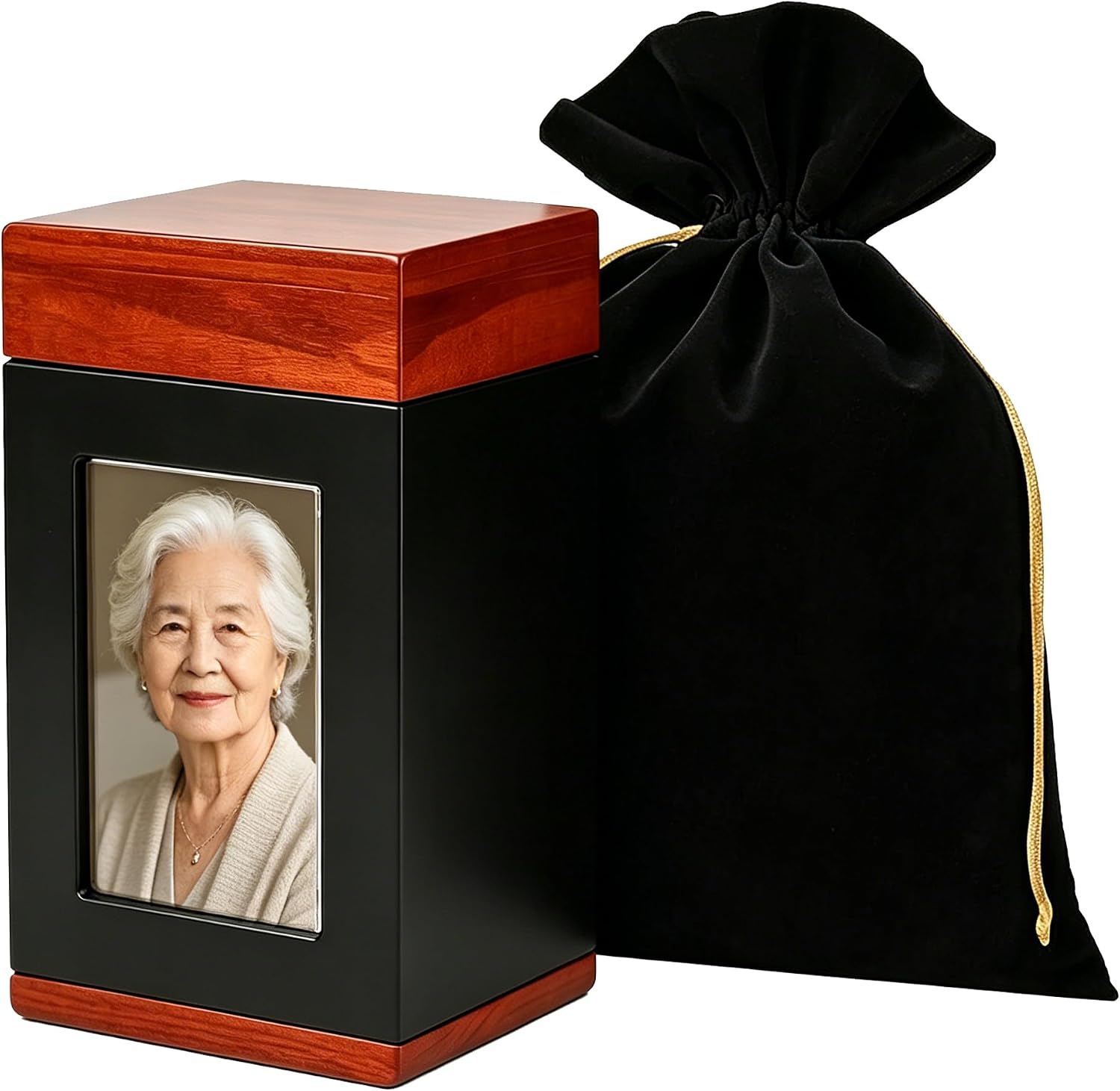 Cremation Urn for Human Ashes, Solid Walnut Wood, Adult Male & Female, Funeral Memorial Urns for Ashes with Photo Frame,Memorial Keepsake Urn Fits Up to 275 lbs, Funeral Urn with Velvet Bag