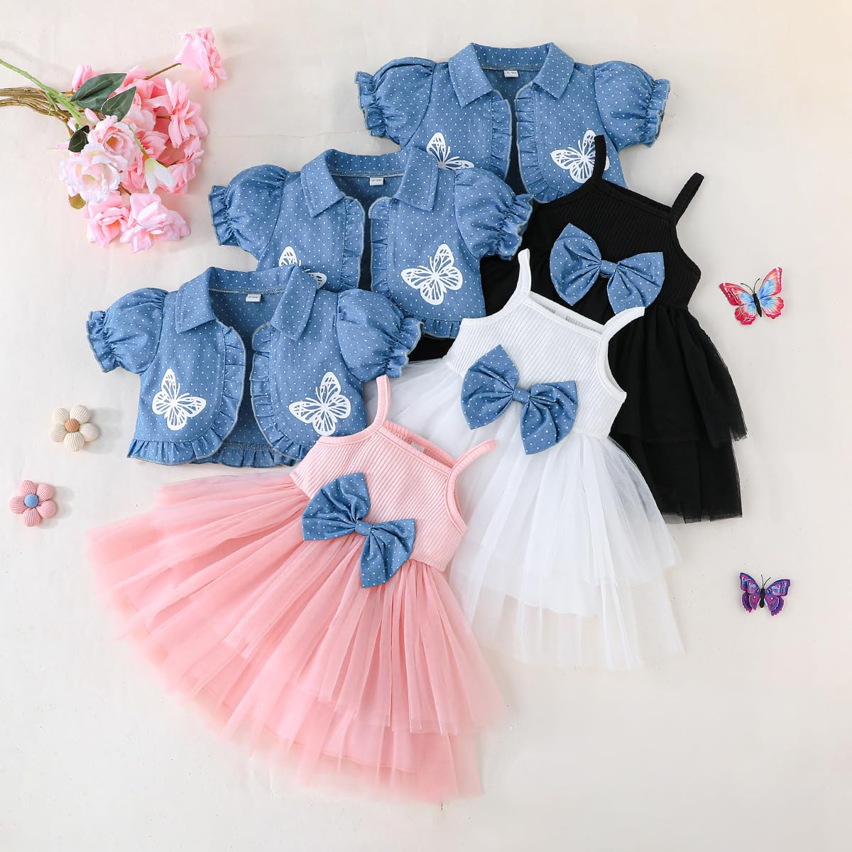 Yanmucy Bambino Bambina Vestito con Cardigan Set 2PCS Bambine Senza Maniche Tulle Tutu Vestito a Maniche Corte Polka DOT Ruffle Coat Top Outfits Abitini per Bambina