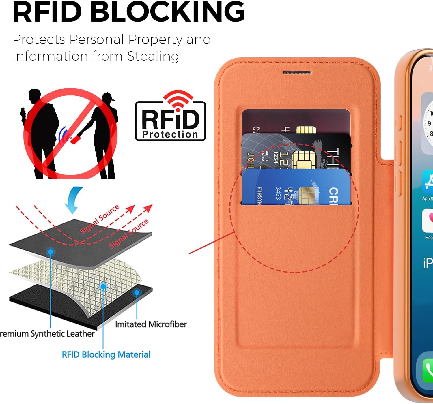 Magnetic Case for iPhone 17 Pro Max Wallet Case with Card Holder [RFID Blocking ][Compatible with MagSafe] Leather Flip Clear TPU Protection Cover for iPhone 17 Pro Max 6.9'' Orange JD - Image 3