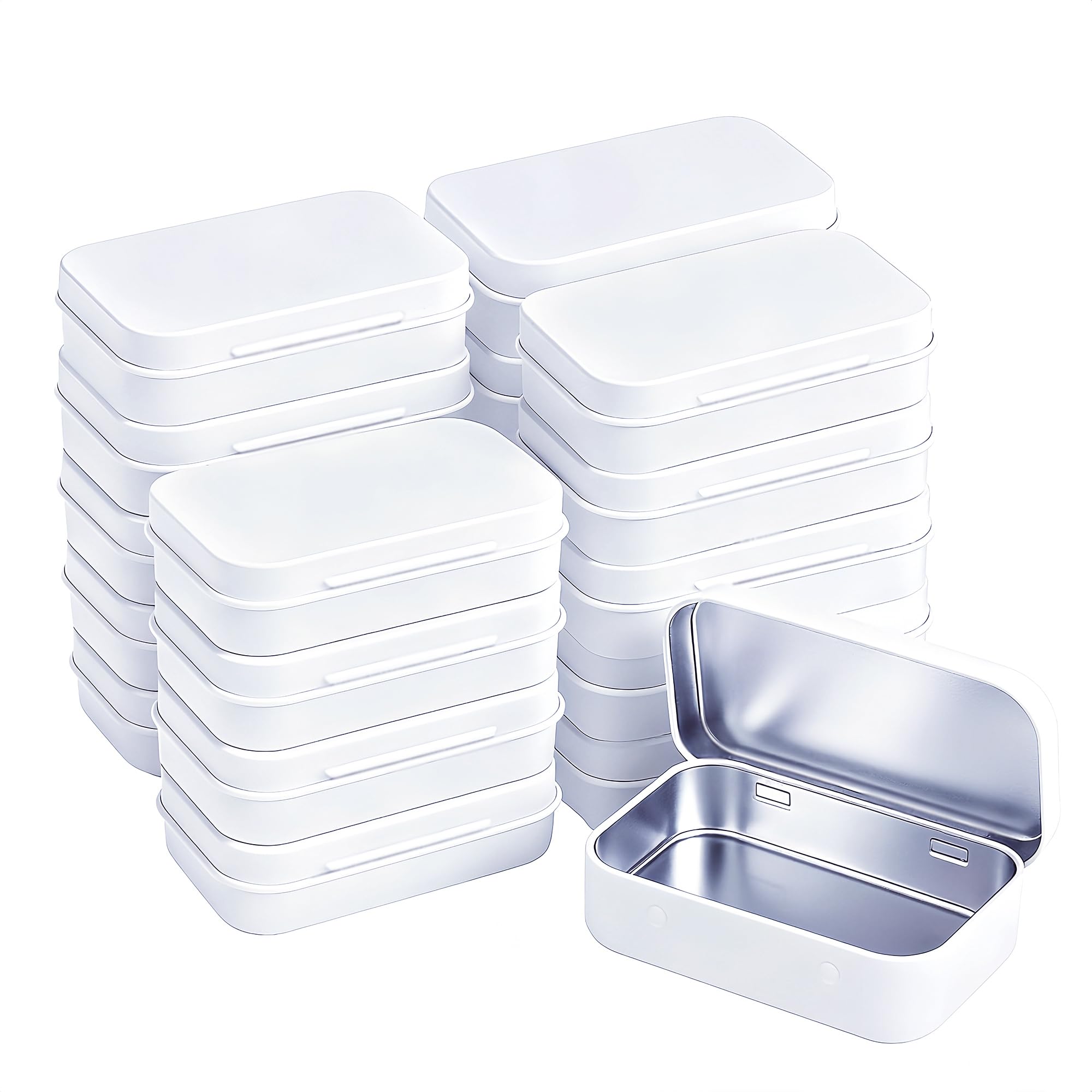 Forever bene Small Metal Tin Box with Hinged Lid, 3.7 x 2.4 x 0.9 in, Empty Tin Containers for DIY Organisation, EDC Storage, Office and Home Use (White, 20 Pcs)