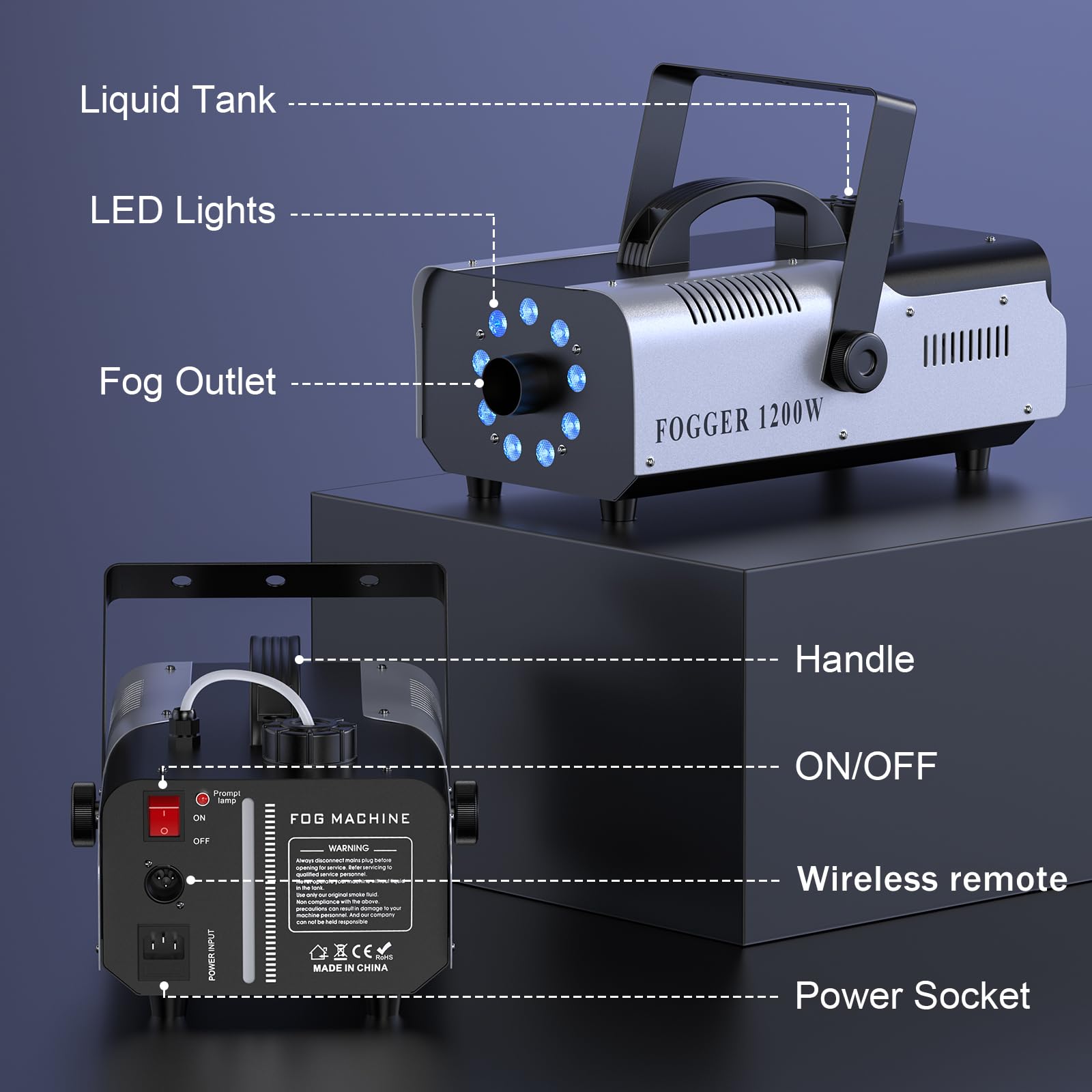 1200W Nebelmaschine 9 RGB 3 in 1 LED Rauchmaschine mit kabelloser tragbar Smoke Machine für Bar Hochzeitsfeiern Disco Party Club Bühnenauftritte Halloween