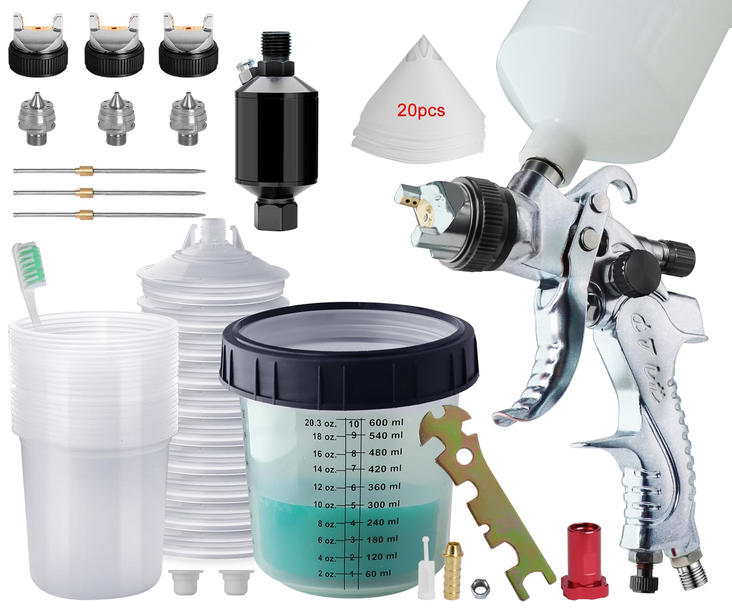 Pistolet pulvérisateur HVLP avec 10 tasses de 600 ml et buses interchangeables
