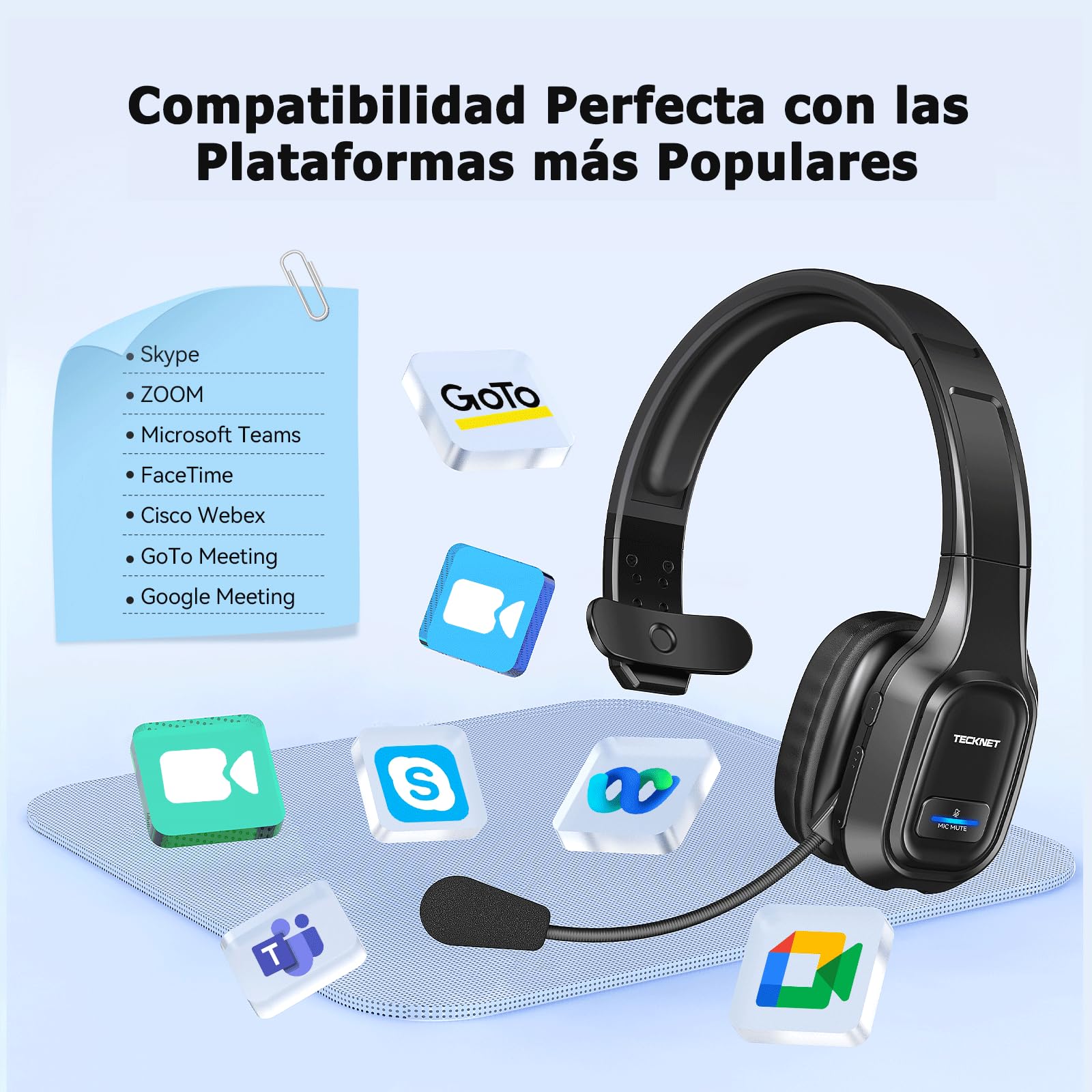 TECKNET Auriculares para PC con Micrófono, Auriculares Bluetooth con Cancelación de Ruido. Sonido Estéreo Nítido. Compatibles con Skype, Teléfonos, Centros de Llamadas y Cursos Online