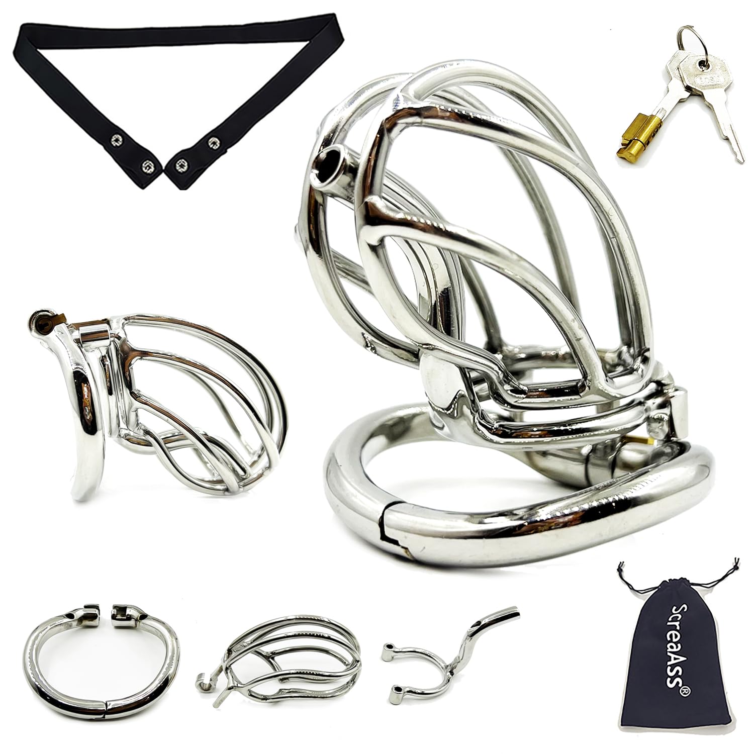 Edelstahl PA Piercing Keuschheitskäfig Herren Atmungsaktiver Peniskäfig Mit 3.0 Verstellbarer Cockringe Und Tragbarer Gürtel SM Klein Metall Chastity Cage Extrem SM Sexspielzeug,Silber,51mm