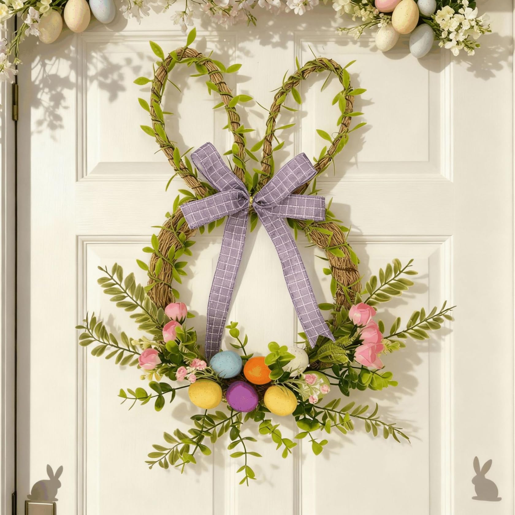 Latemeia Green Easter Wreaths For Front Door, Purple Bow Bunny Easter Wreath With Floral Eggs, Door Decorations For Indoor Home, Wreaths For Front, Wreath