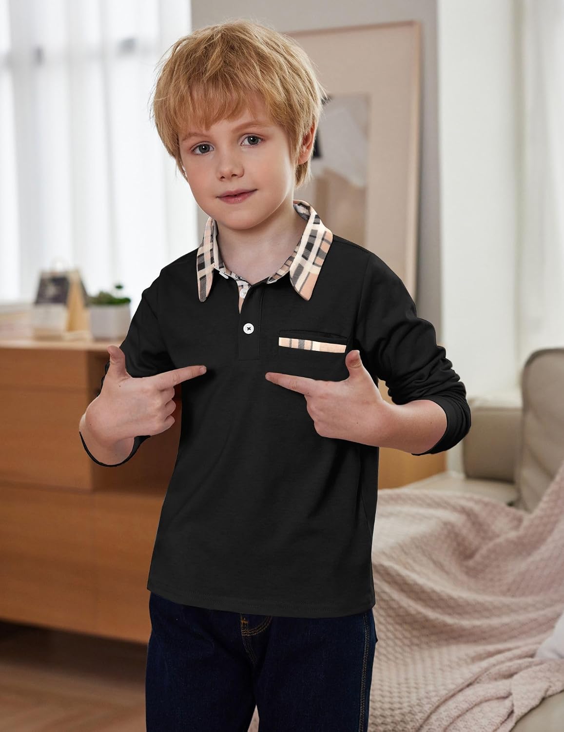 Arshiner Boy's Long Sleeve Plaid Trim Polo Shirt School Uniform Shirt with Pocket