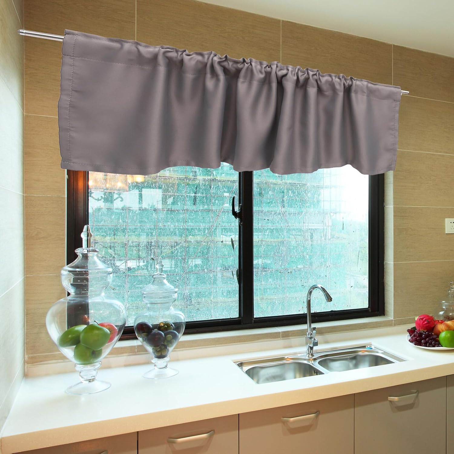 Short Grey Kitchen Window Valance Curtain 45x145cm, Half Curtain for Small Windows, Light-Filtering Valance for Bedroom and Bathroom Use
